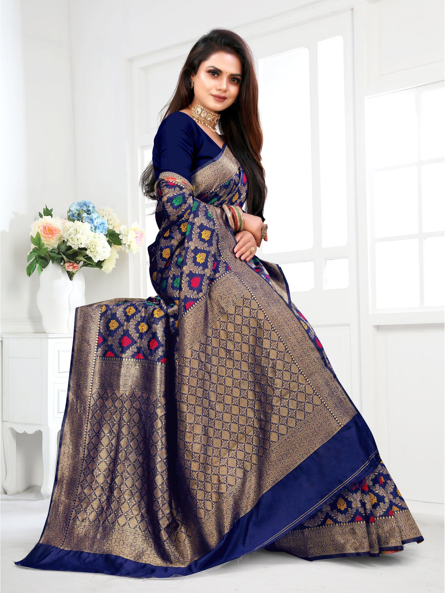Vedant Vastram Litchi Silk Designer Banarasi Saree - Navy | Swadesiicart
