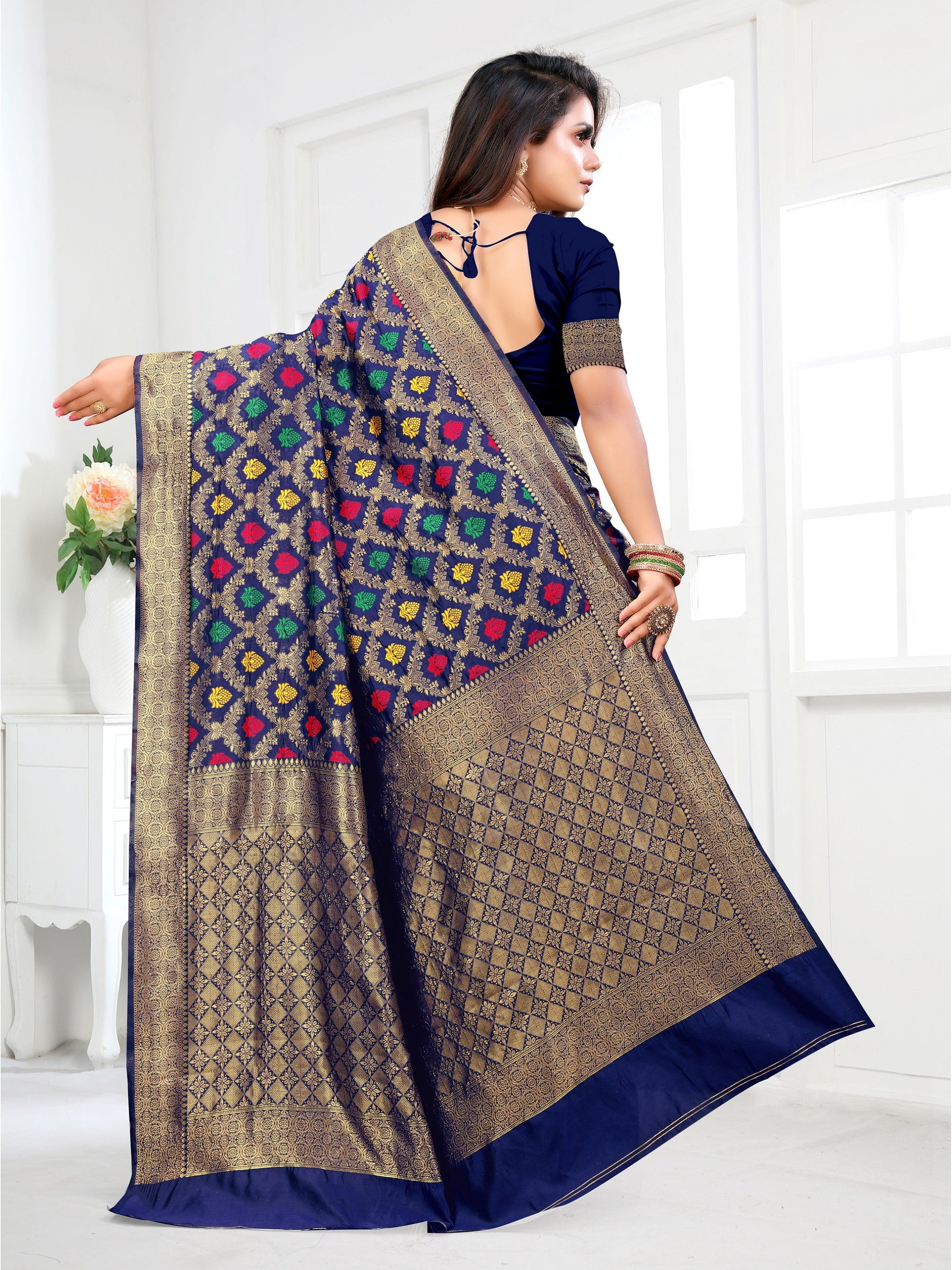 Vedant Vastram Litchi Silk Designer Banarasi Saree - Navy | Swadesiicart