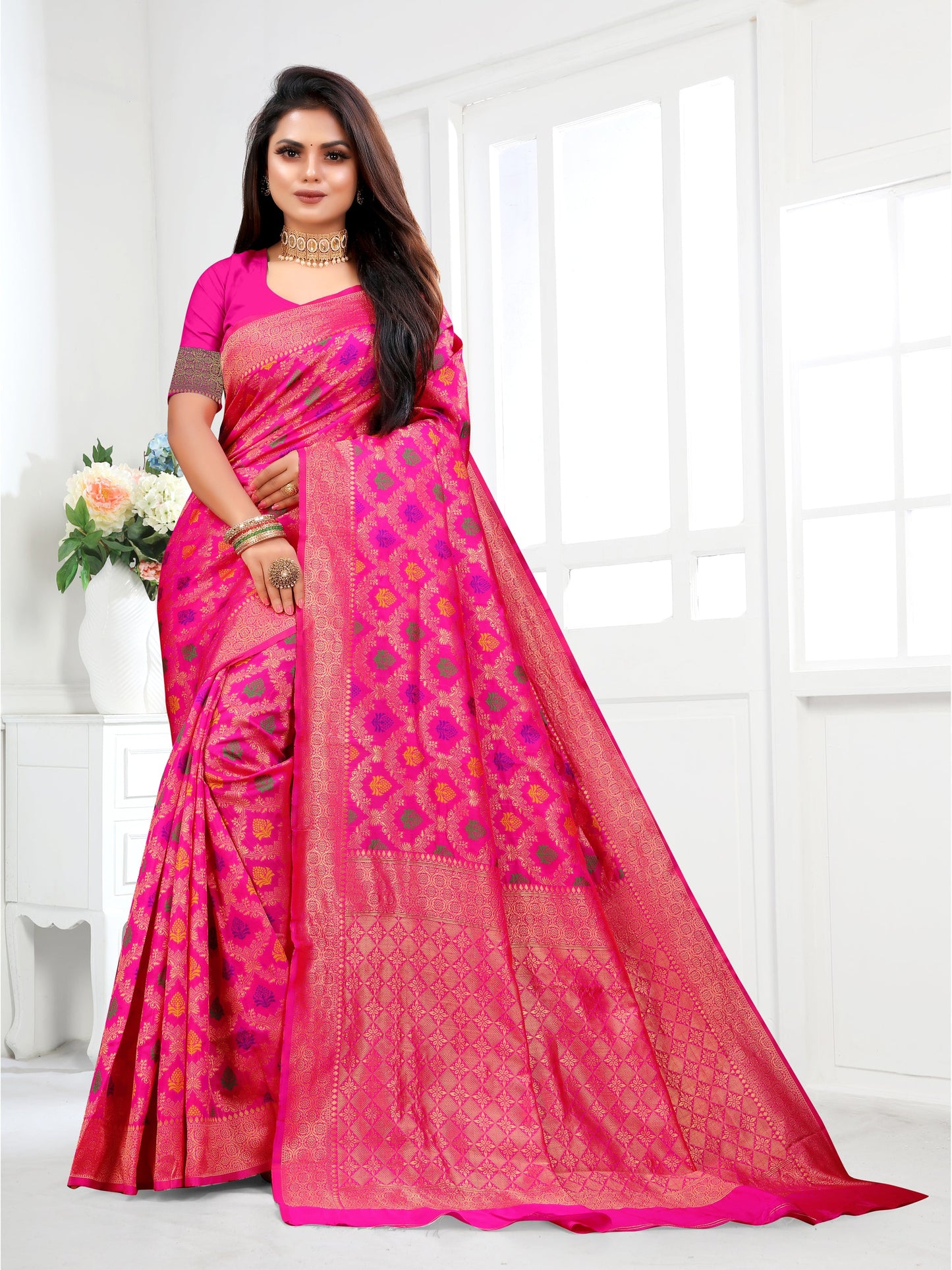 Vedant Vastram Litchi Silk Designer Banarasi Saree - Pink | Swadesiicart