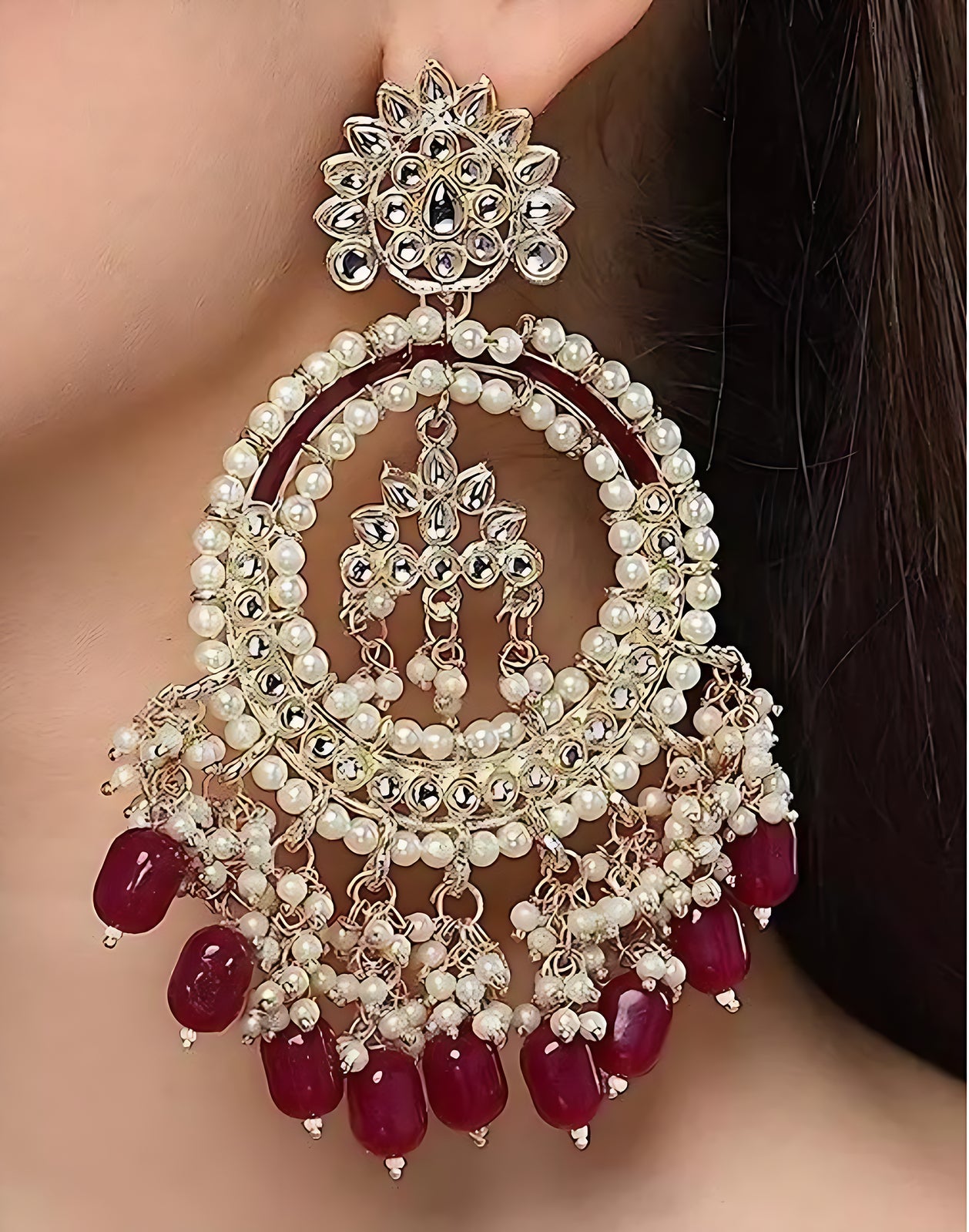 Jewel City Luxury Kundan Pearl Chandbali Earrings with Ruby Drops Traditional Wedding Statement Earrings | Swadesiicart