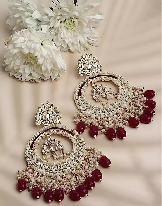 Jewel City Luxury Kundan Pearl Chandbali Earrings with Ruby Drops Traditional Wedding Statement Earrings | Swadesiicart