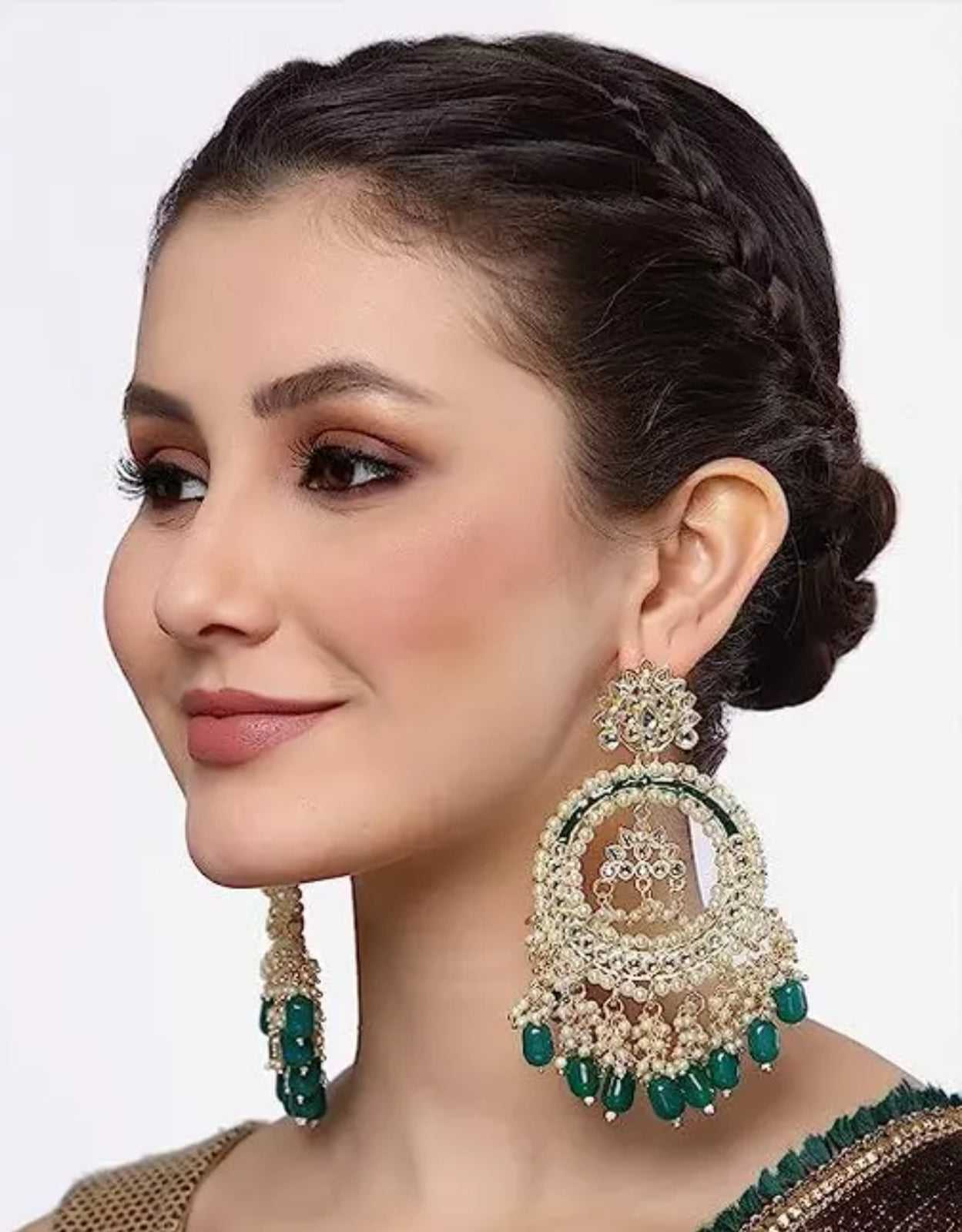 Jewel City Luxury Kundan Pearl Chandbali Earrings with Green Drops Traditional Wedding Statement Earrings | Swadesiicart