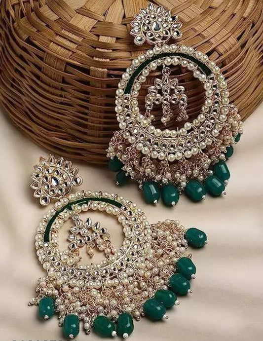 Jewel City Luxury Kundan Pearl Chandbali Earrings with Green Drops Traditional Wedding Statement Earrings | Swadesiicart