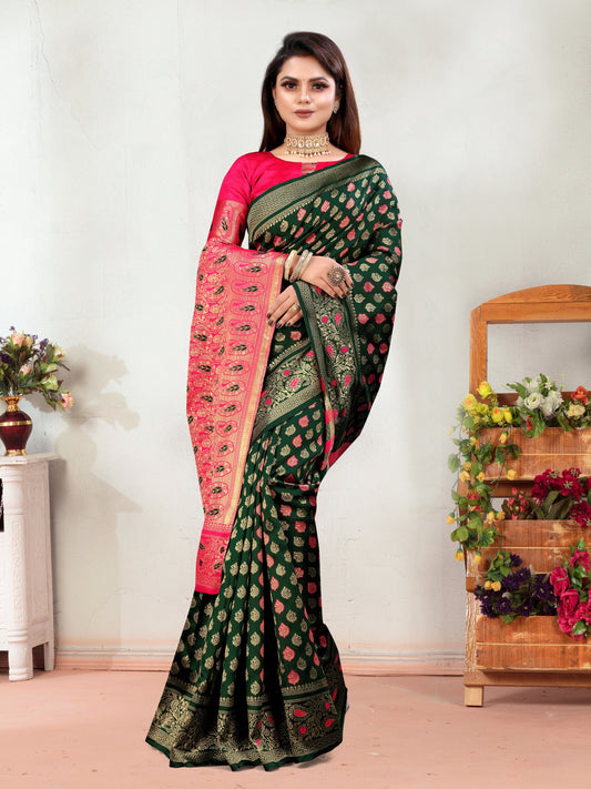 Vedant Vastram Litchi Silk Designer Banarasi Saree - Green | Swadesiicart
