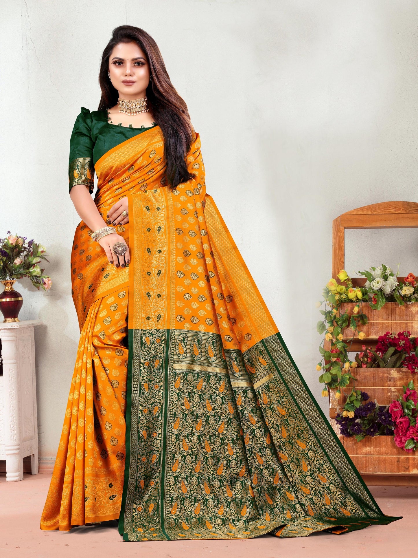 Vedant Vastram Litchi Silk Designer Banarasi Saree - Mustard | Swadesiicart