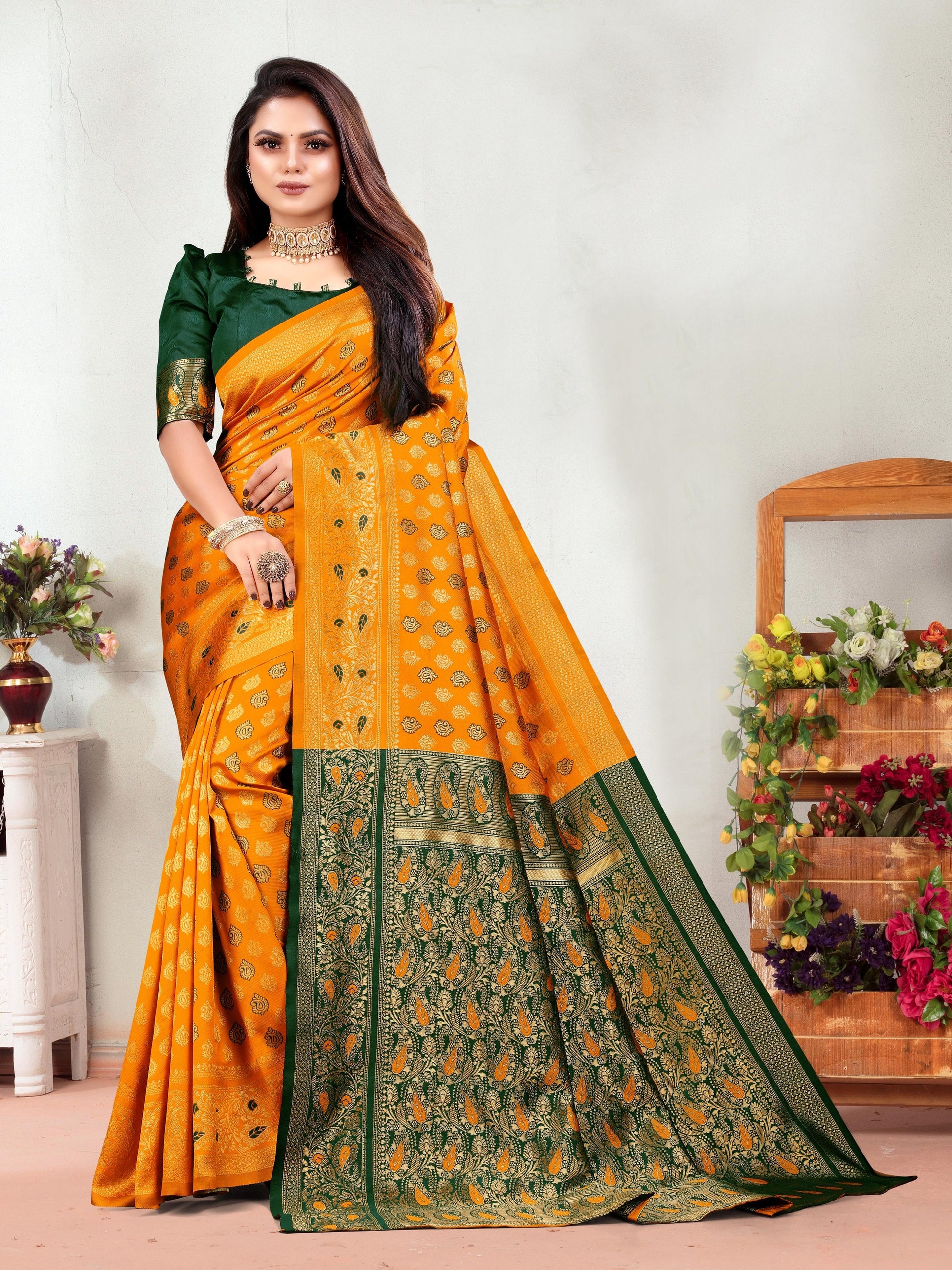 Vedant Vastram Litchi Silk Designer Banarasi Saree - Mustard | Swadesiicart