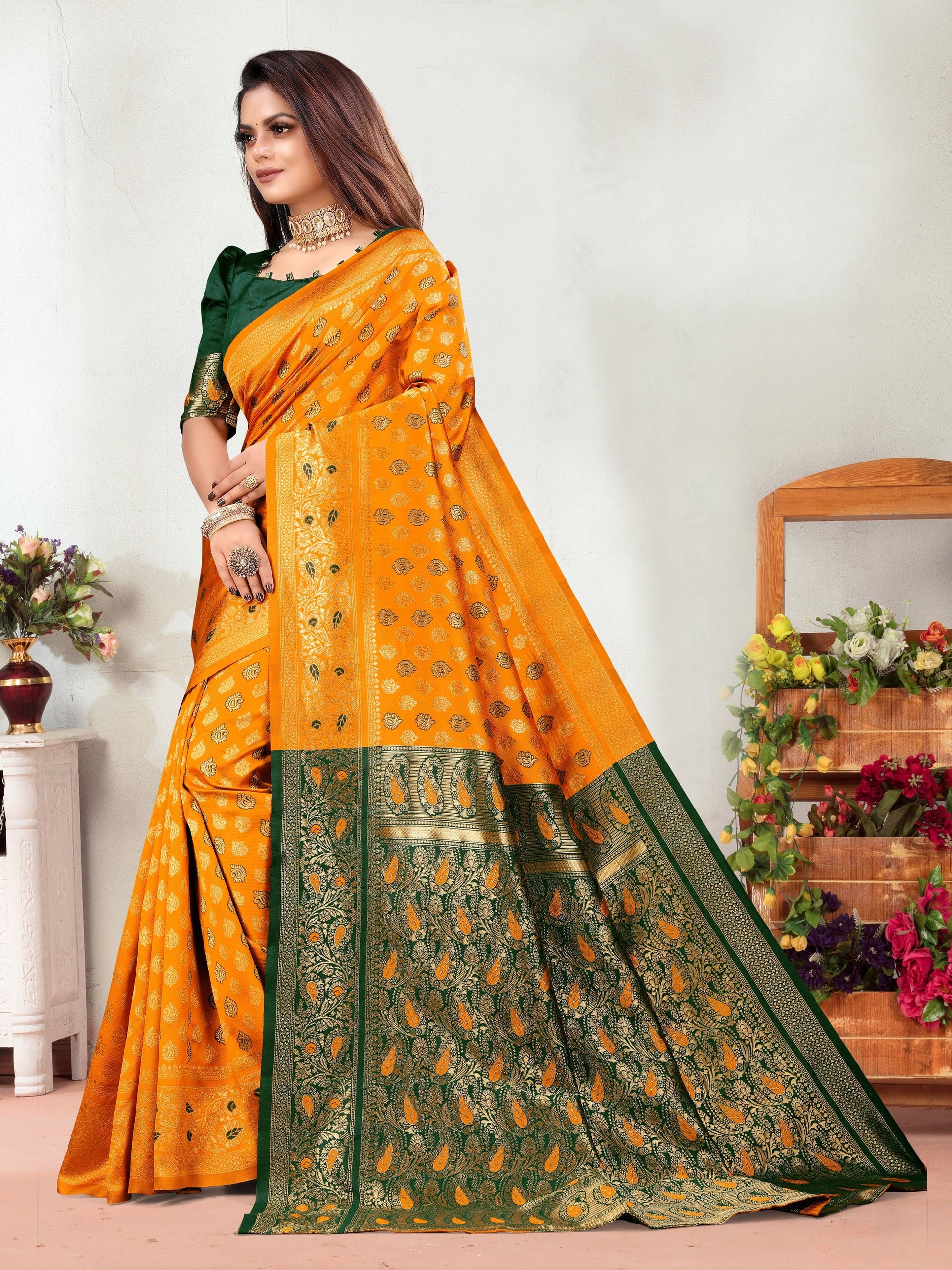 Vedant Vastram Litchi Silk Designer Banarasi Saree - Mustard | Swadesiicart