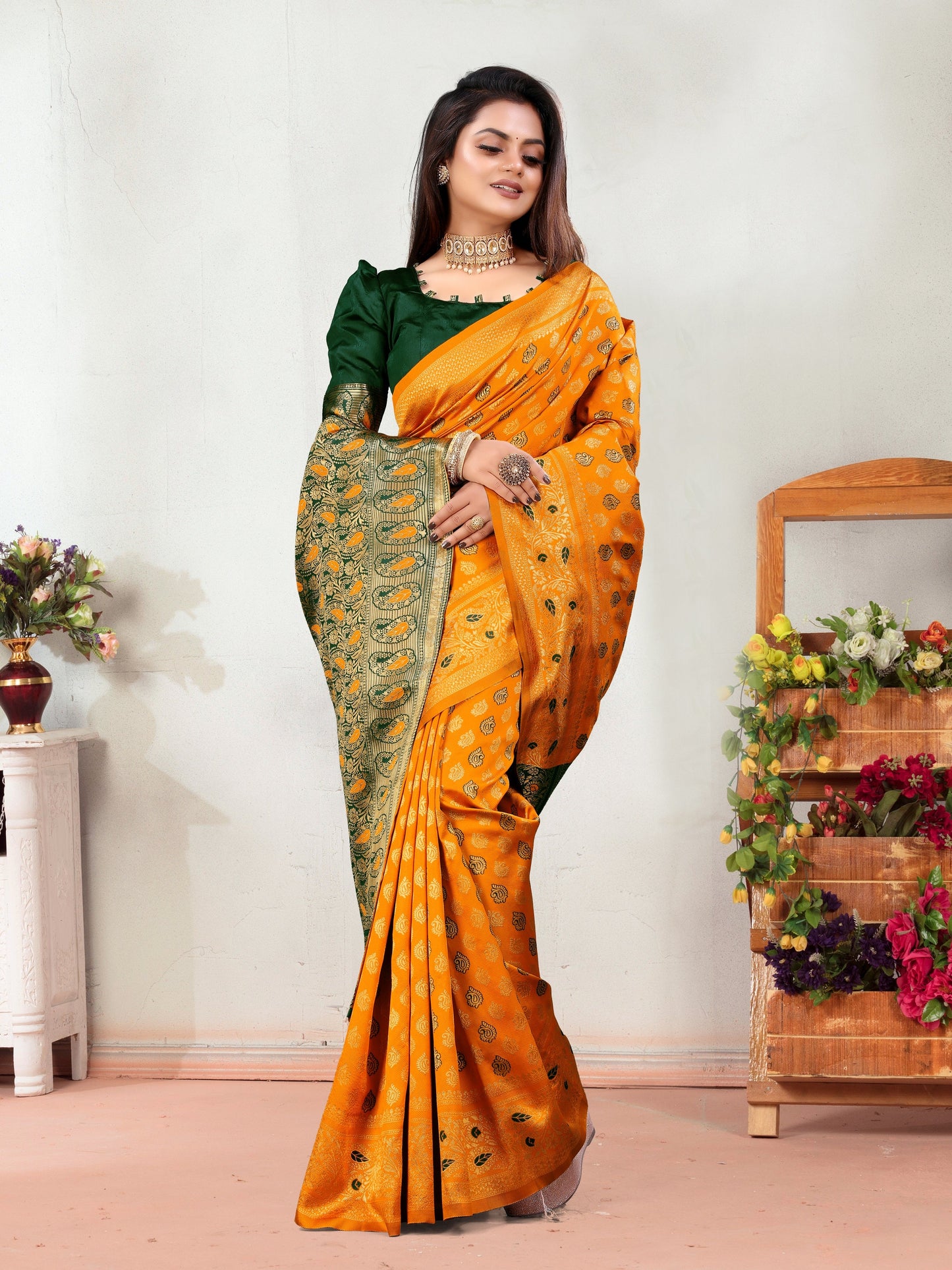 Vedant Vastram Litchi Silk Designer Banarasi Saree - Mustard | Swadesiicart