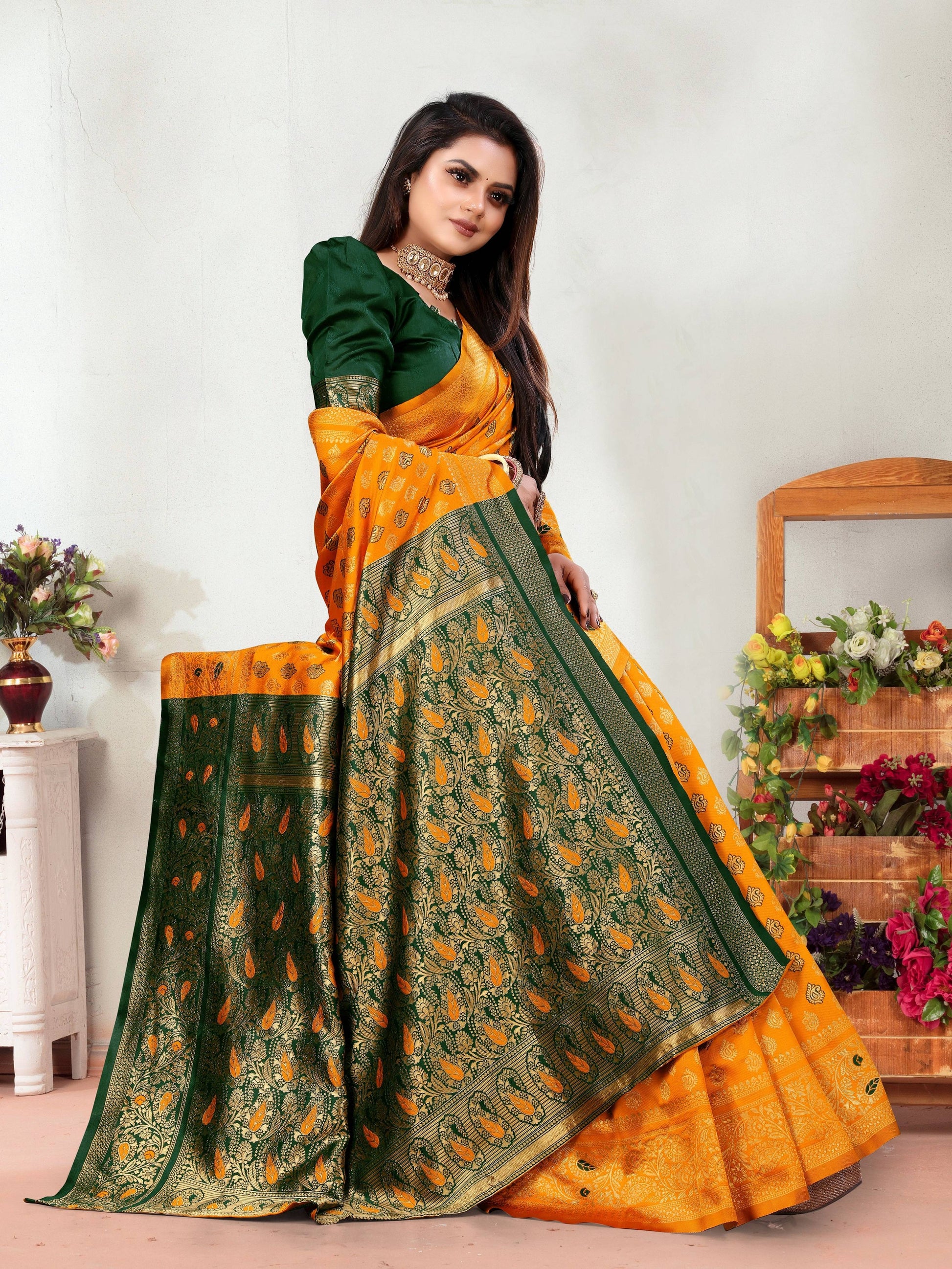 Vedant Vastram Litchi Silk Designer Banarasi Saree - Mustard | Swadesiicart