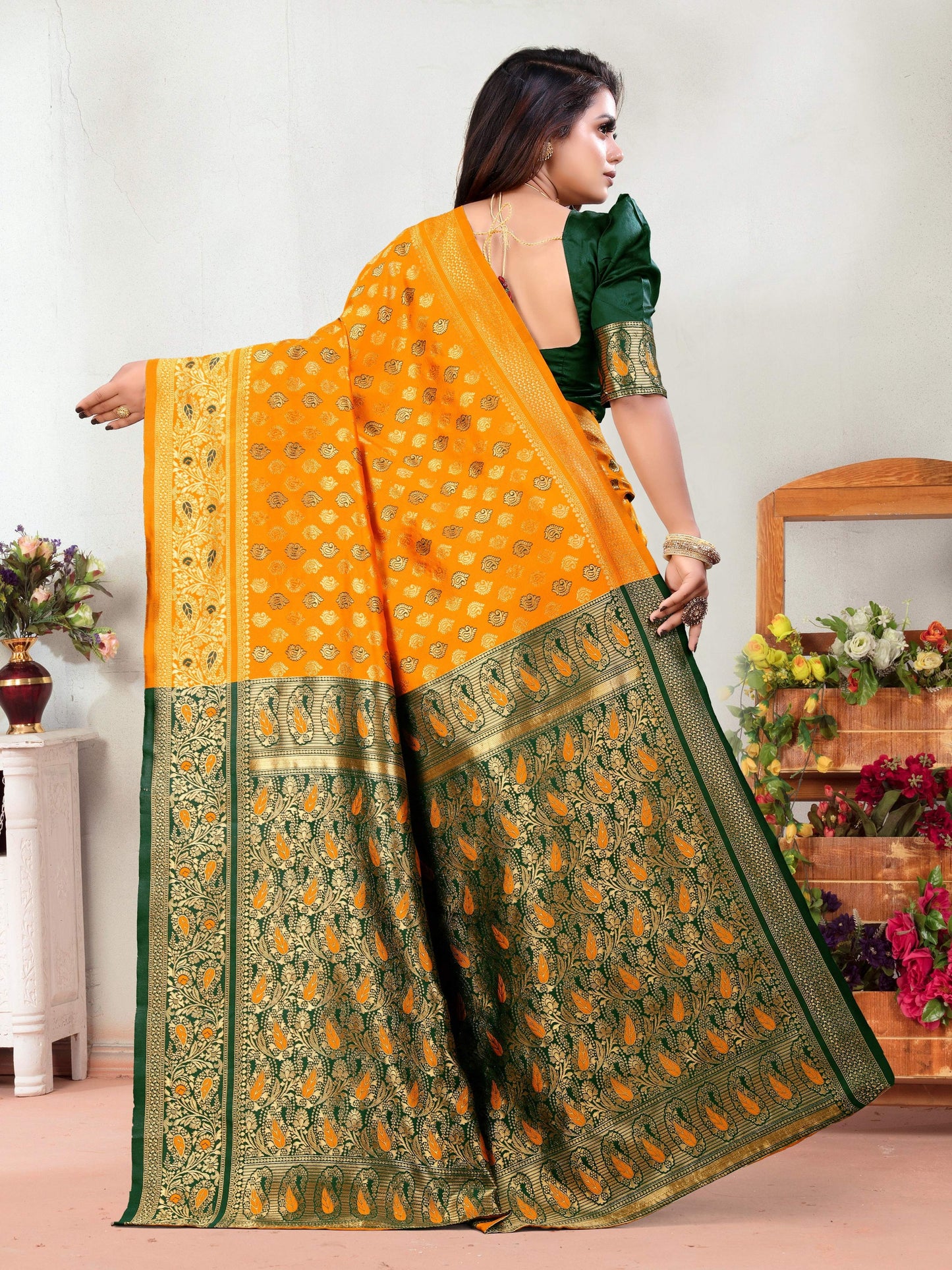 Vedant Vastram Litchi Silk Designer Banarasi Saree - Mustard | Swadesiicart