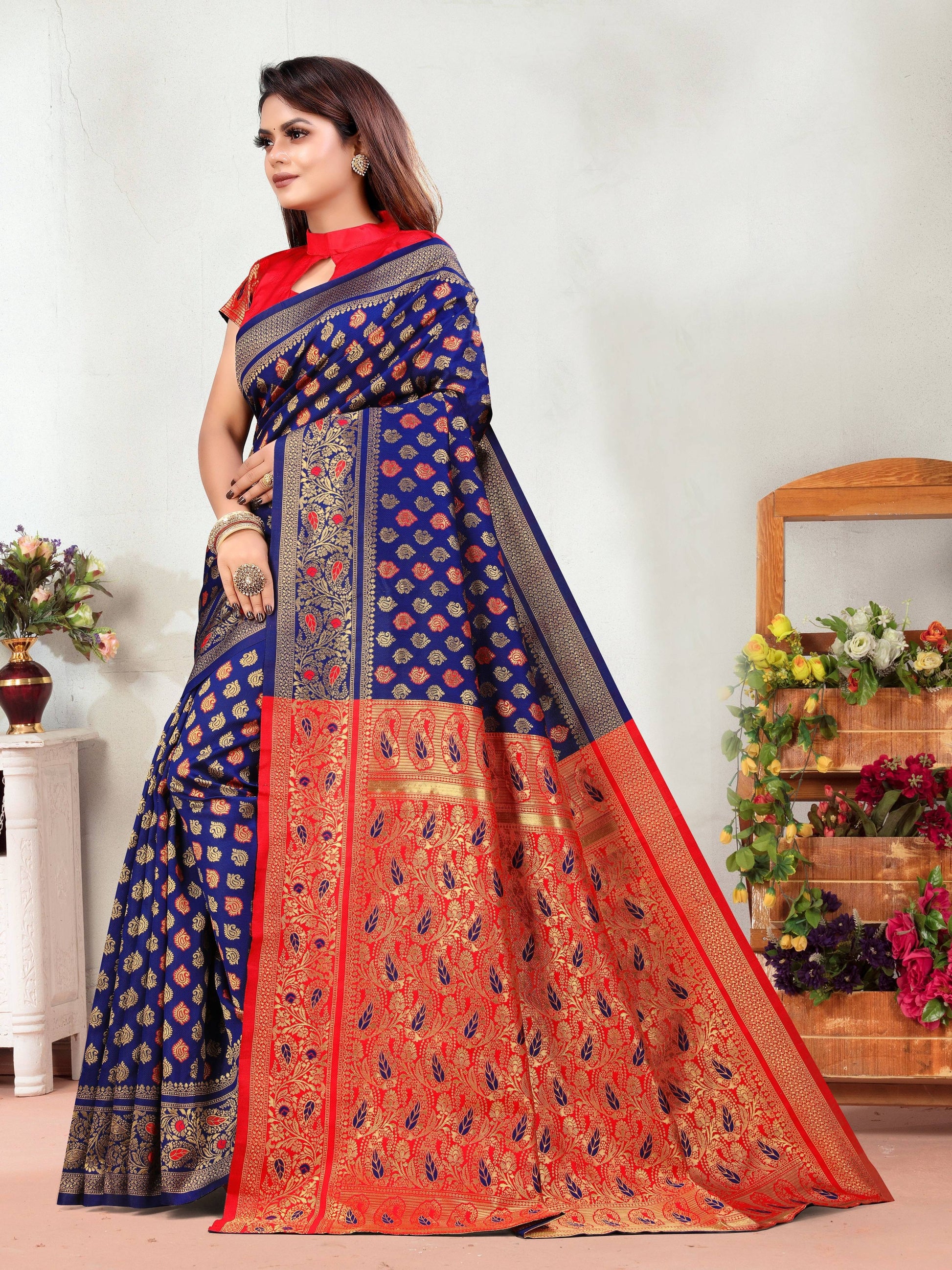 Vedant Vastram Litchi Silk Designer Banarasi Saree - Navy | Swadesiicart