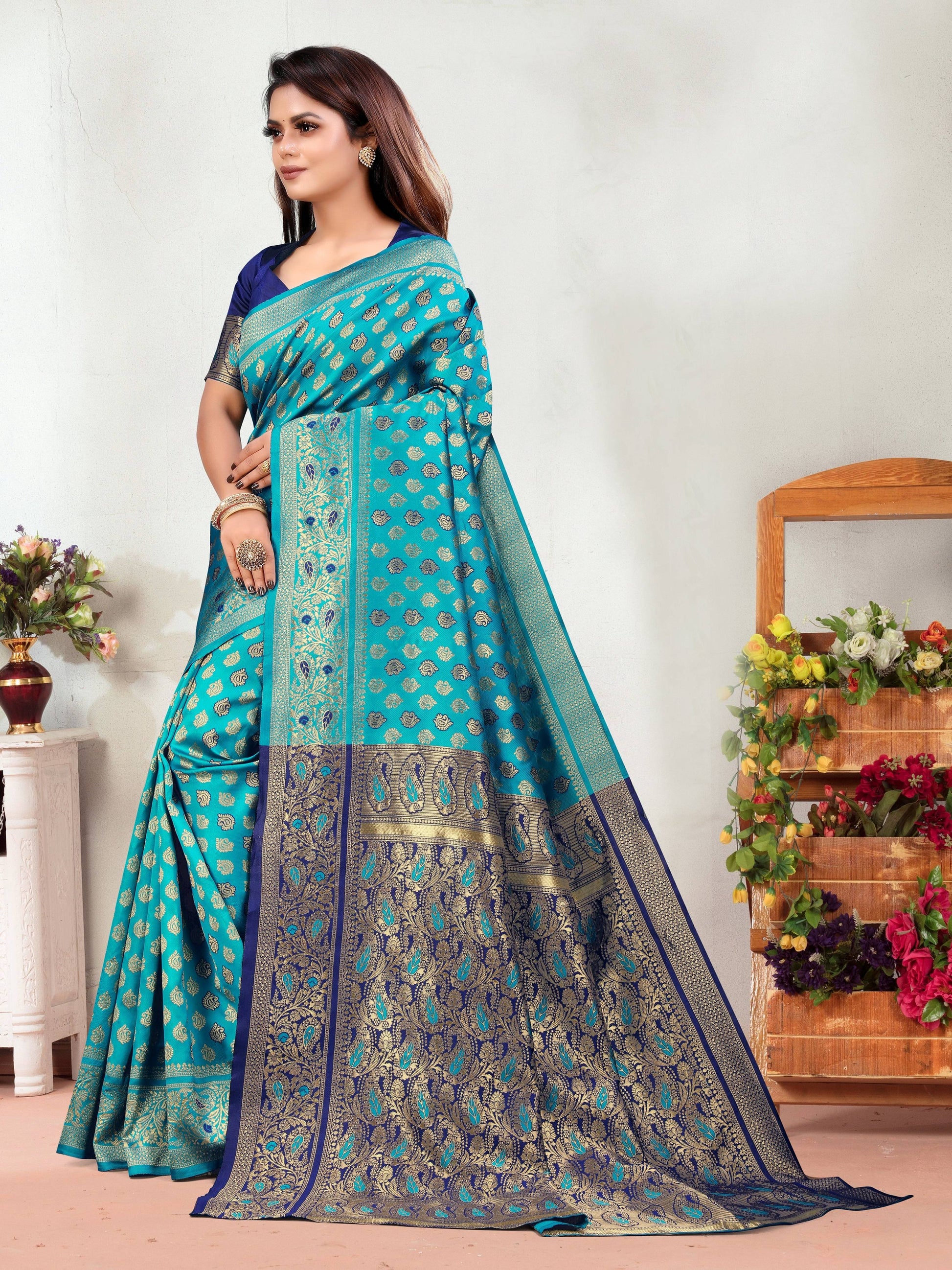 Vedant Vastram Litchi Silk Designer Banarasi Saree - Rama | Swadesiicart