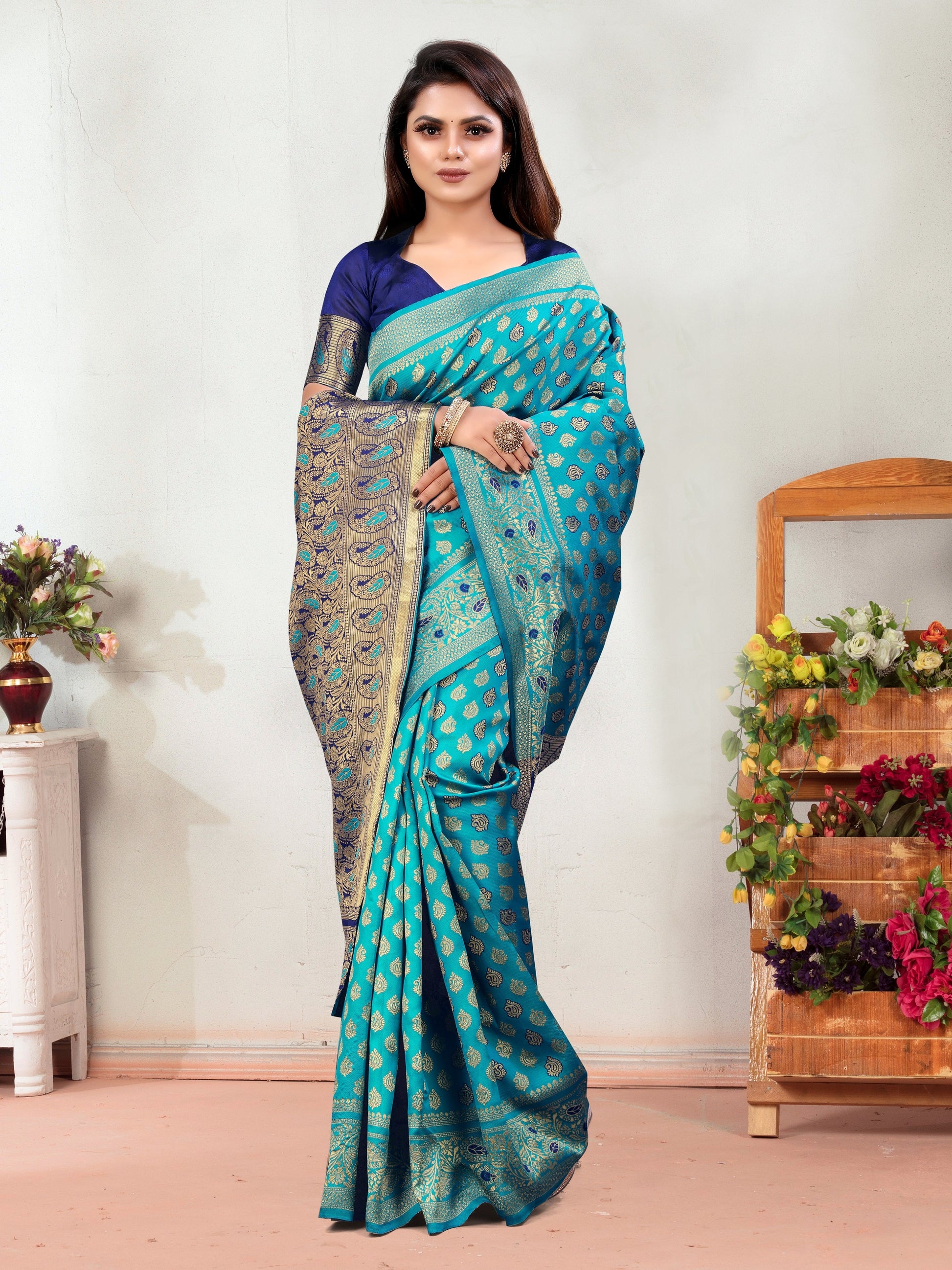 Vedant Vastram Litchi Silk Designer Banarasi Saree - Rama | Swadesiicart