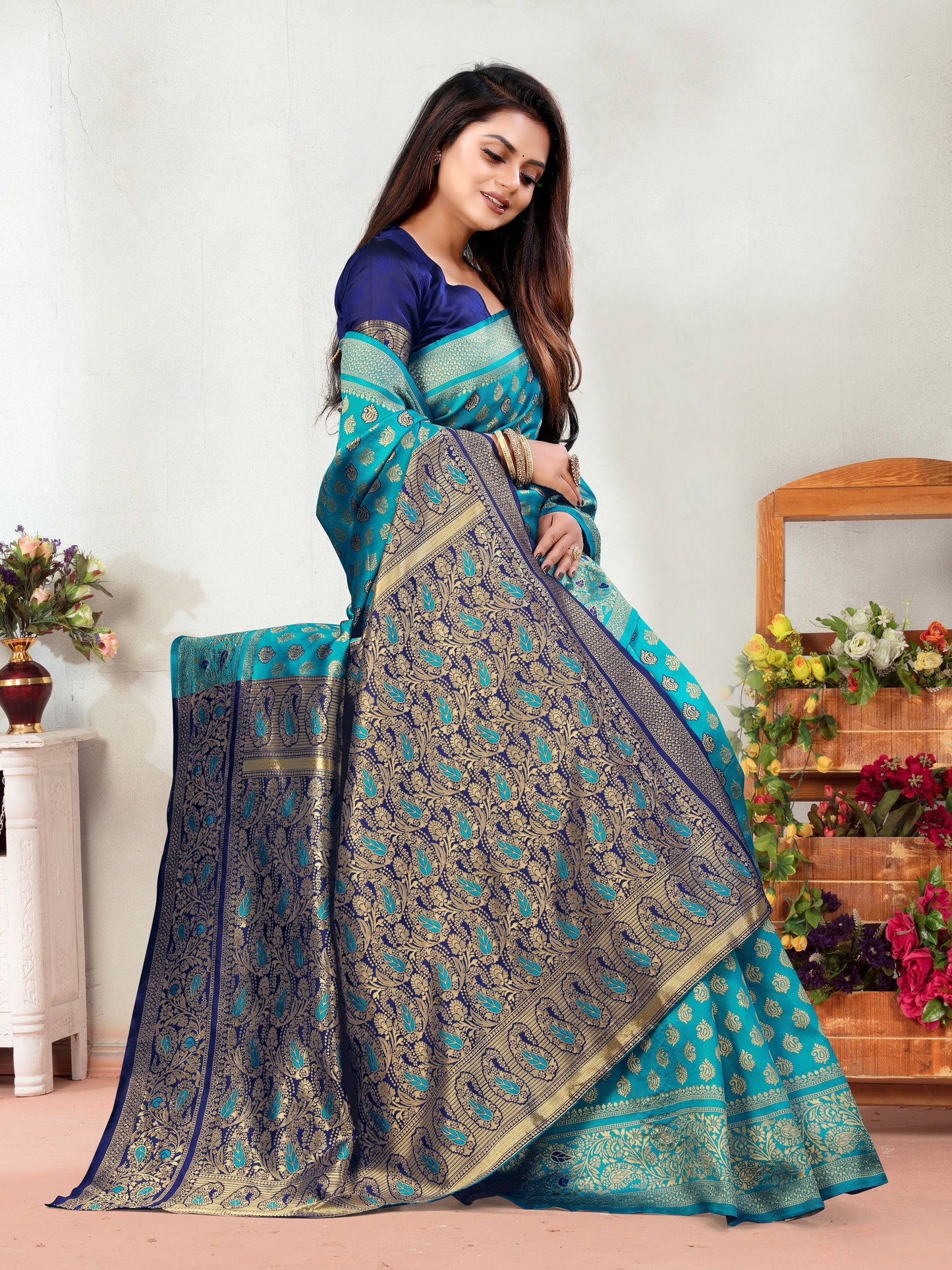 Vedant Vastram Litchi Silk Designer Banarasi Saree - Rama | Swadesiicart