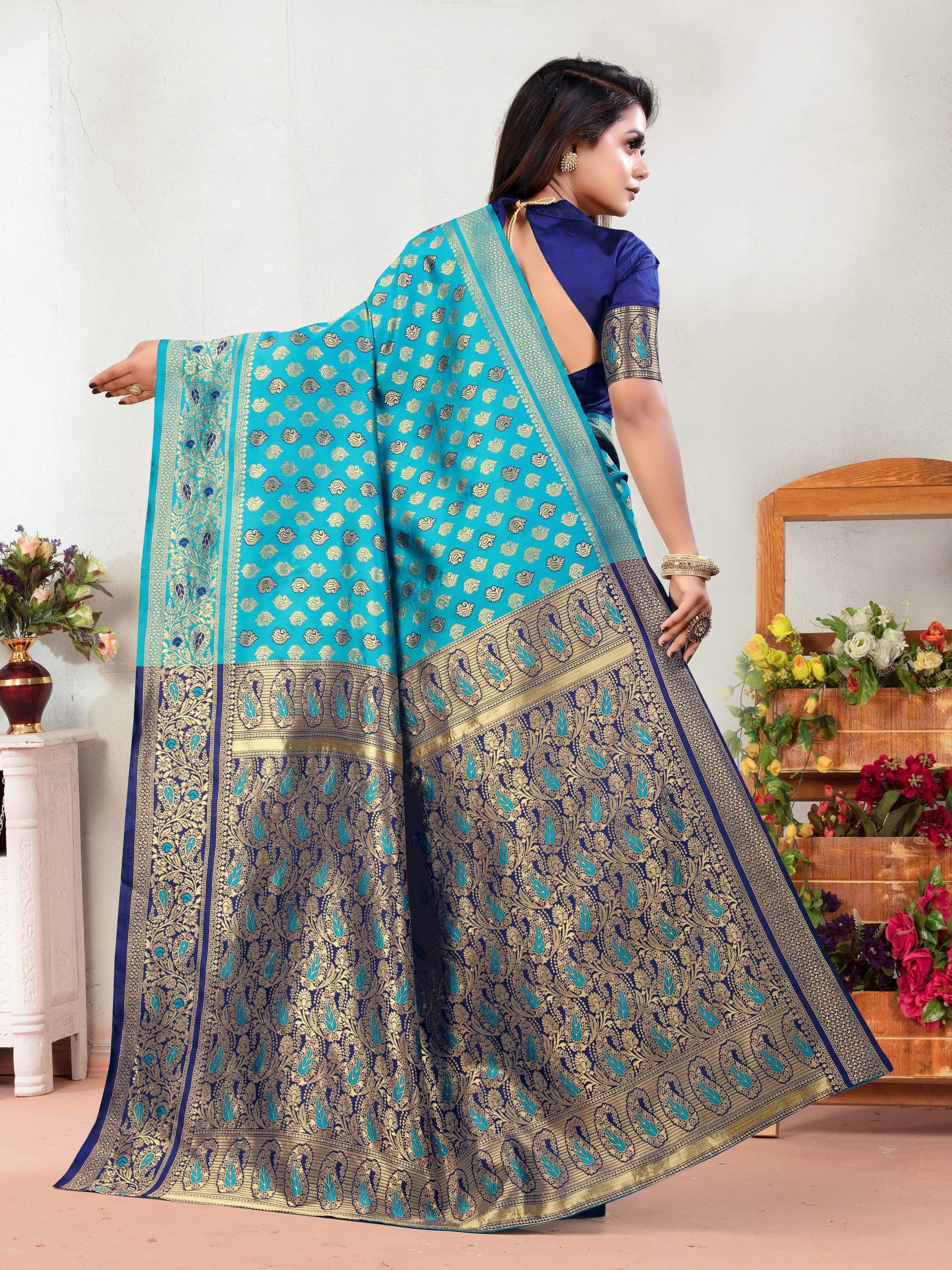 Vedant Vastram Litchi Silk Designer Banarasi Saree - Rama | Swadesiicart