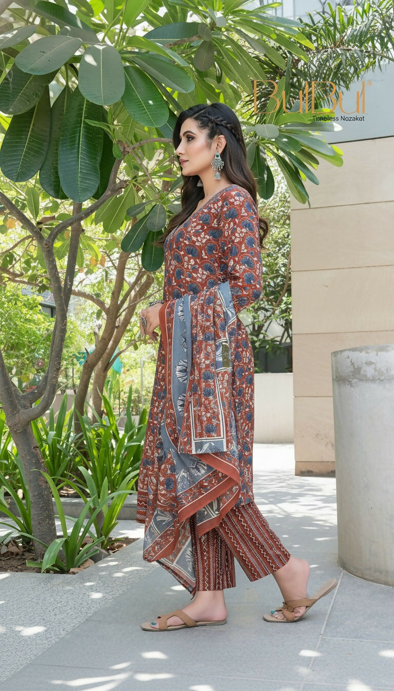 BulBul Fashionista Rust Cotton Kurta Set with Dupatta - Swadesiicart