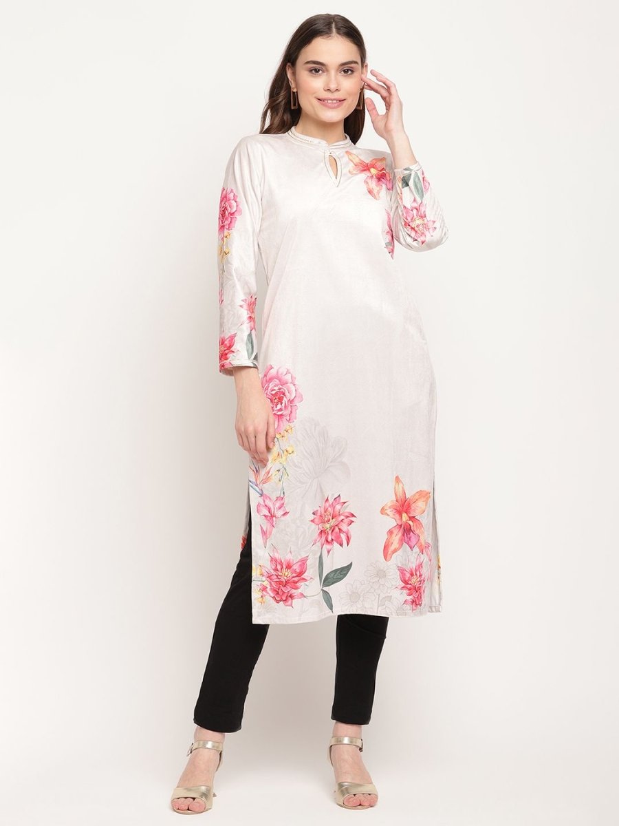 Ahalyaa Women Beige Velvet Digital Print Kurta | Swadesiicart