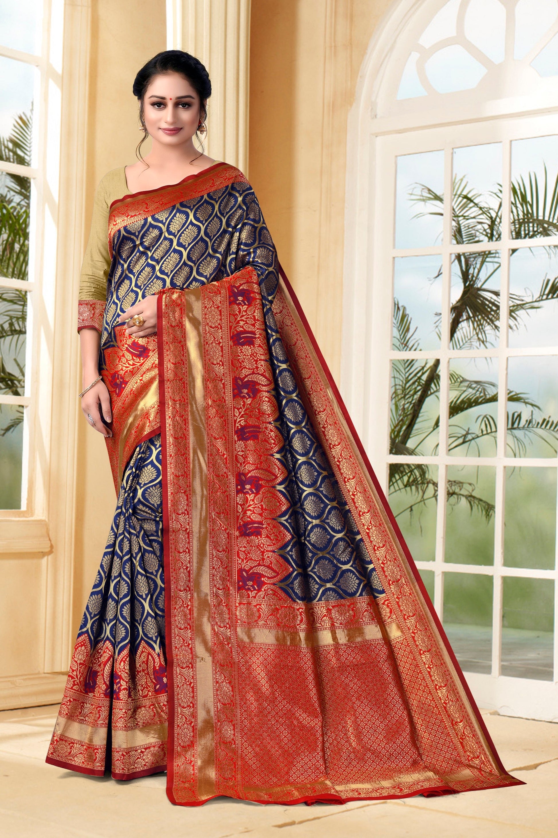 Vedant Vastram Litchi Silk Designer Banarasi Saree - Navy Blue | Swadesiicart