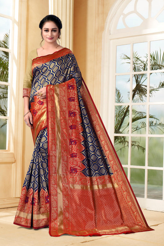 Vedant Vastram Litchi Silk Designer Banarasi Saree - Navy Blue | Swadesiicart
