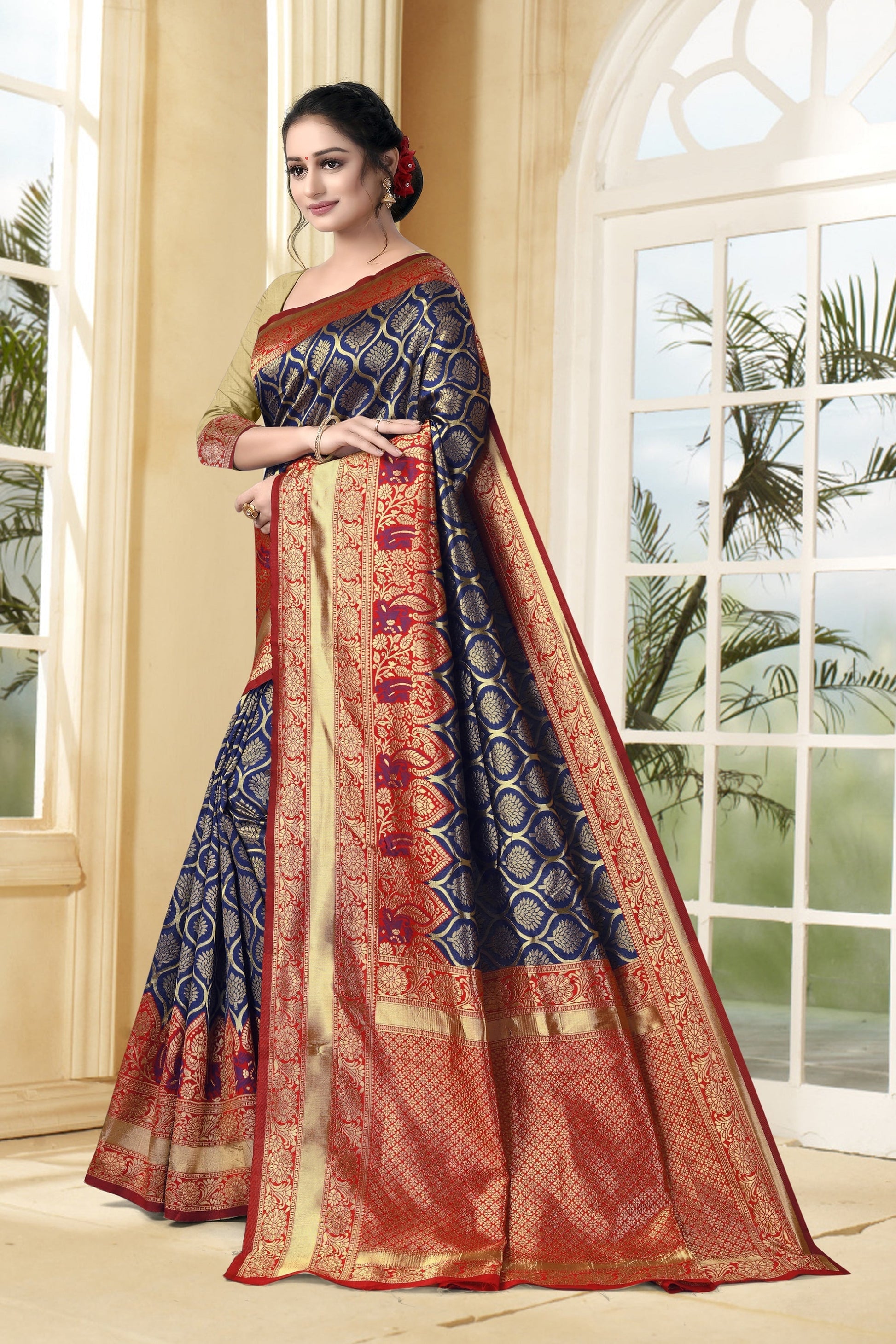 Vedant Vastram Litchi Silk Designer Banarasi Saree - Navy Blue | Swadesiicart