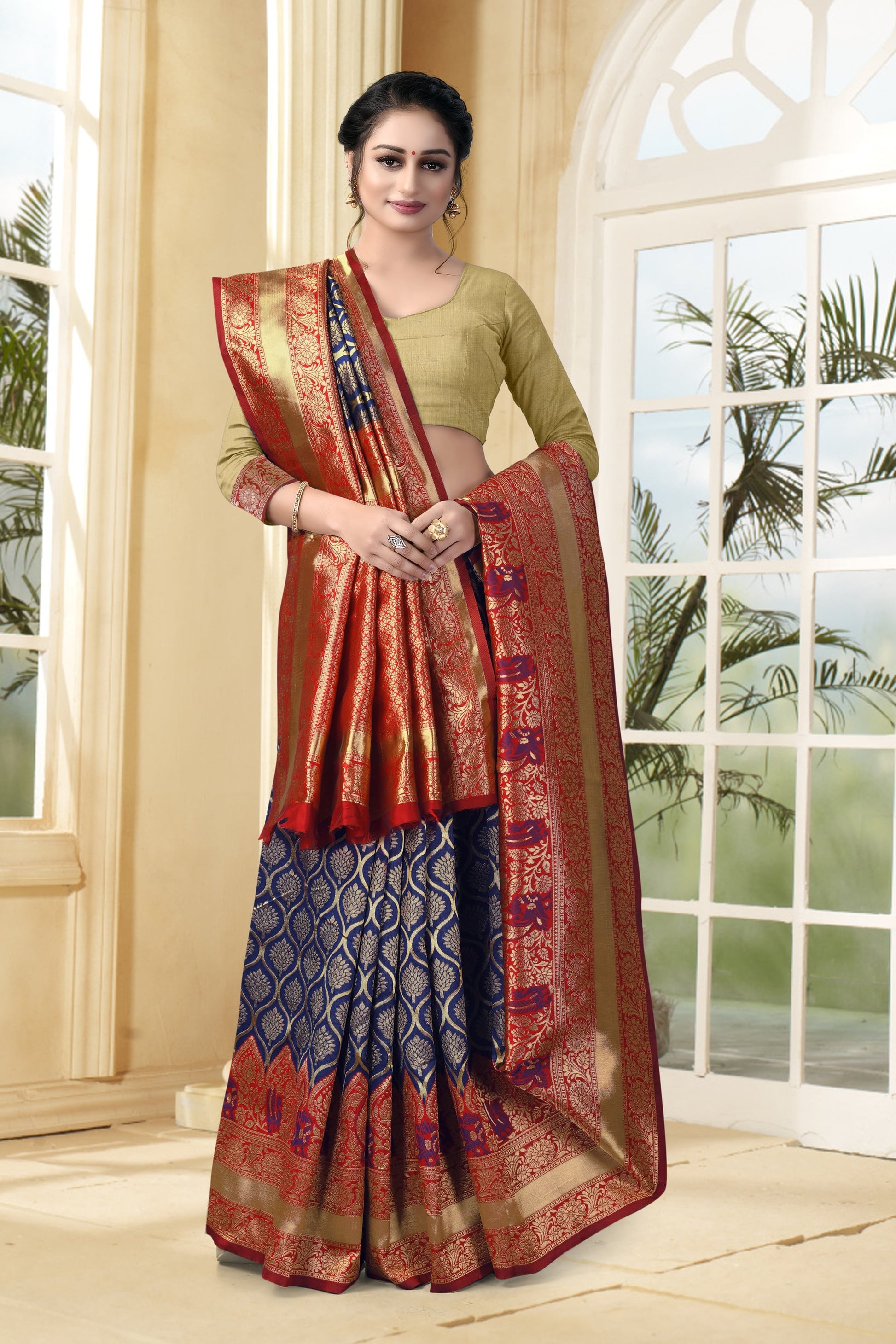 Vedant Vastram Litchi Silk Designer Banarasi Saree - Navy Blue | Swadesiicart