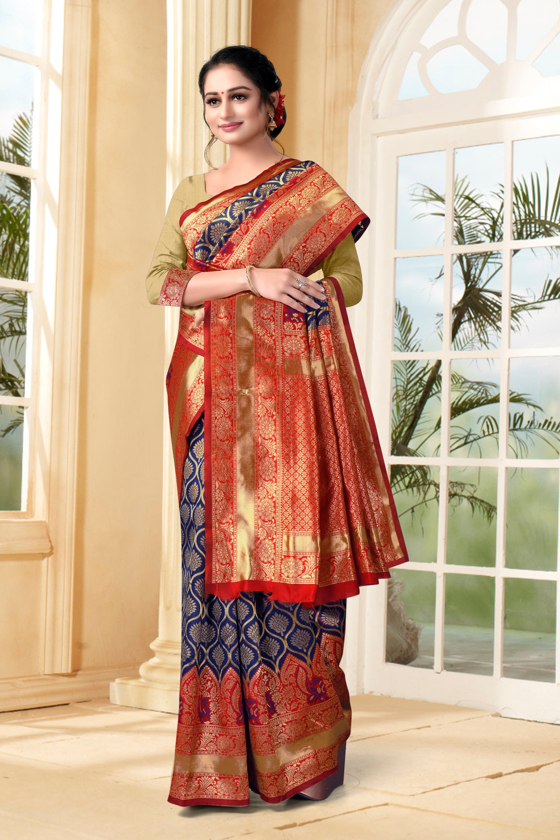 Vedant Vastram Litchi Silk Designer Banarasi Saree - Navy Blue | Swadesiicart