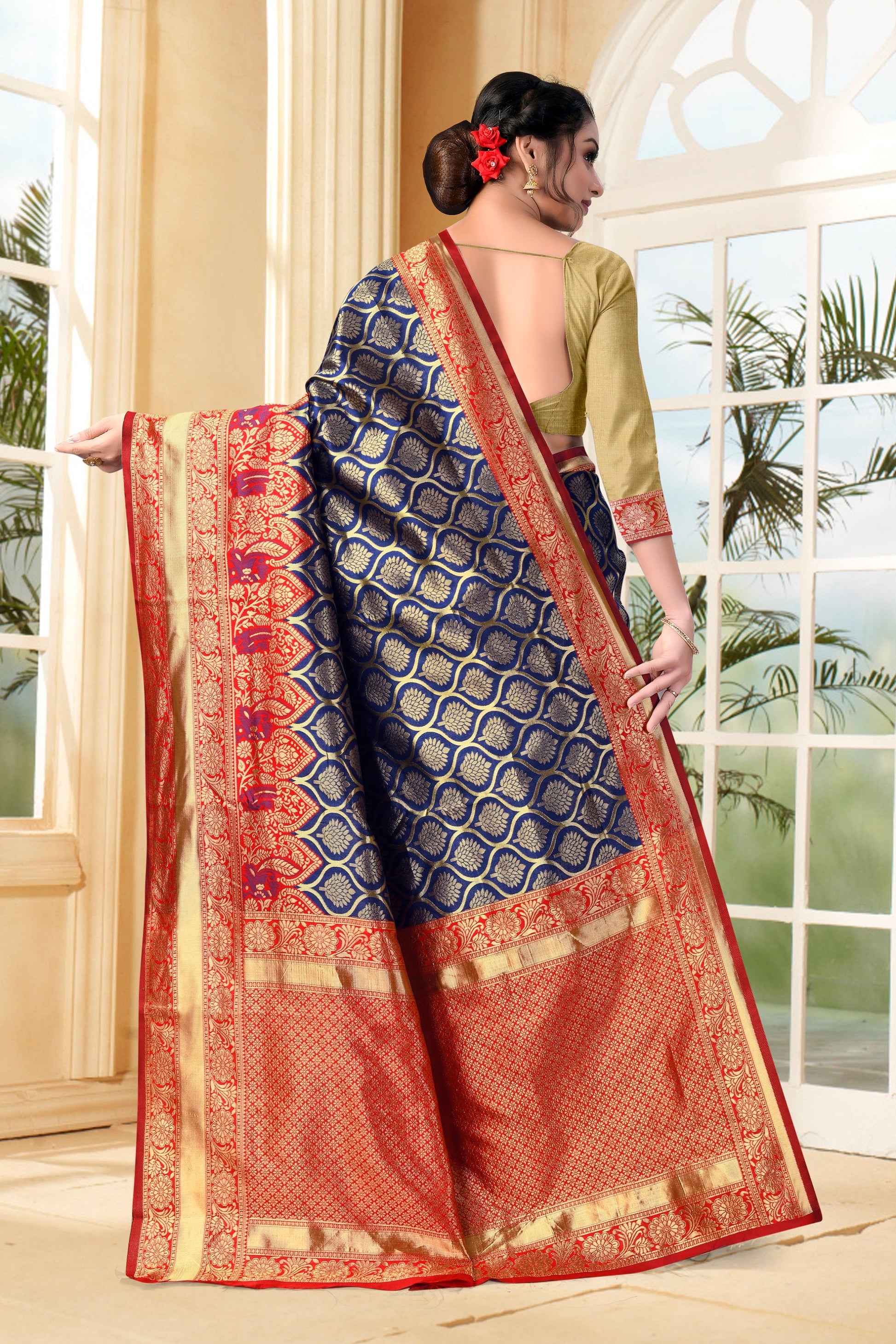 Vedant Vastram Litchi Silk Designer Banarasi Saree - Navy Blue | Swadesiicart