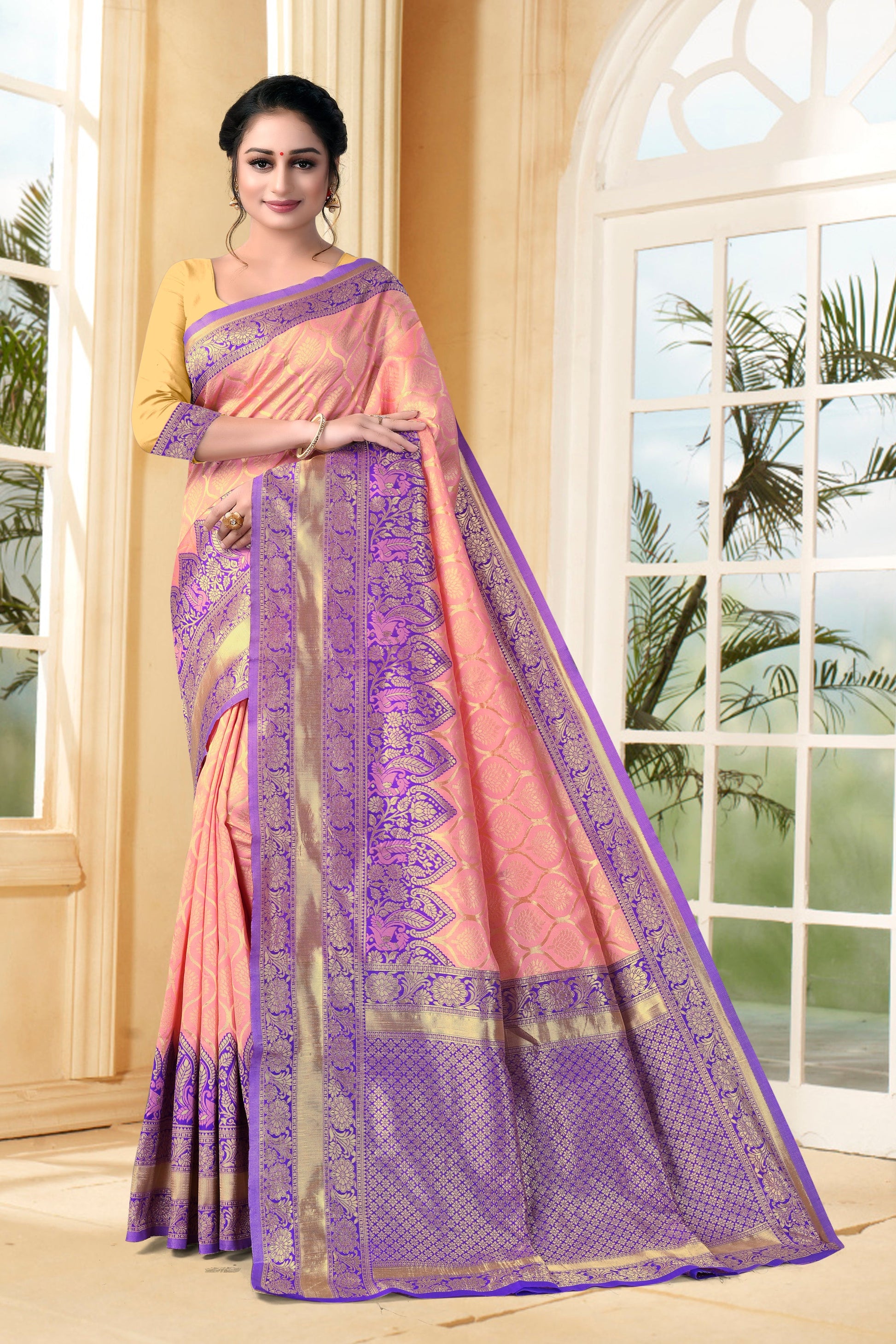 Vedant Vastram Litchi Silk Designer Banarasi Saree - Peach | Swadesiicart