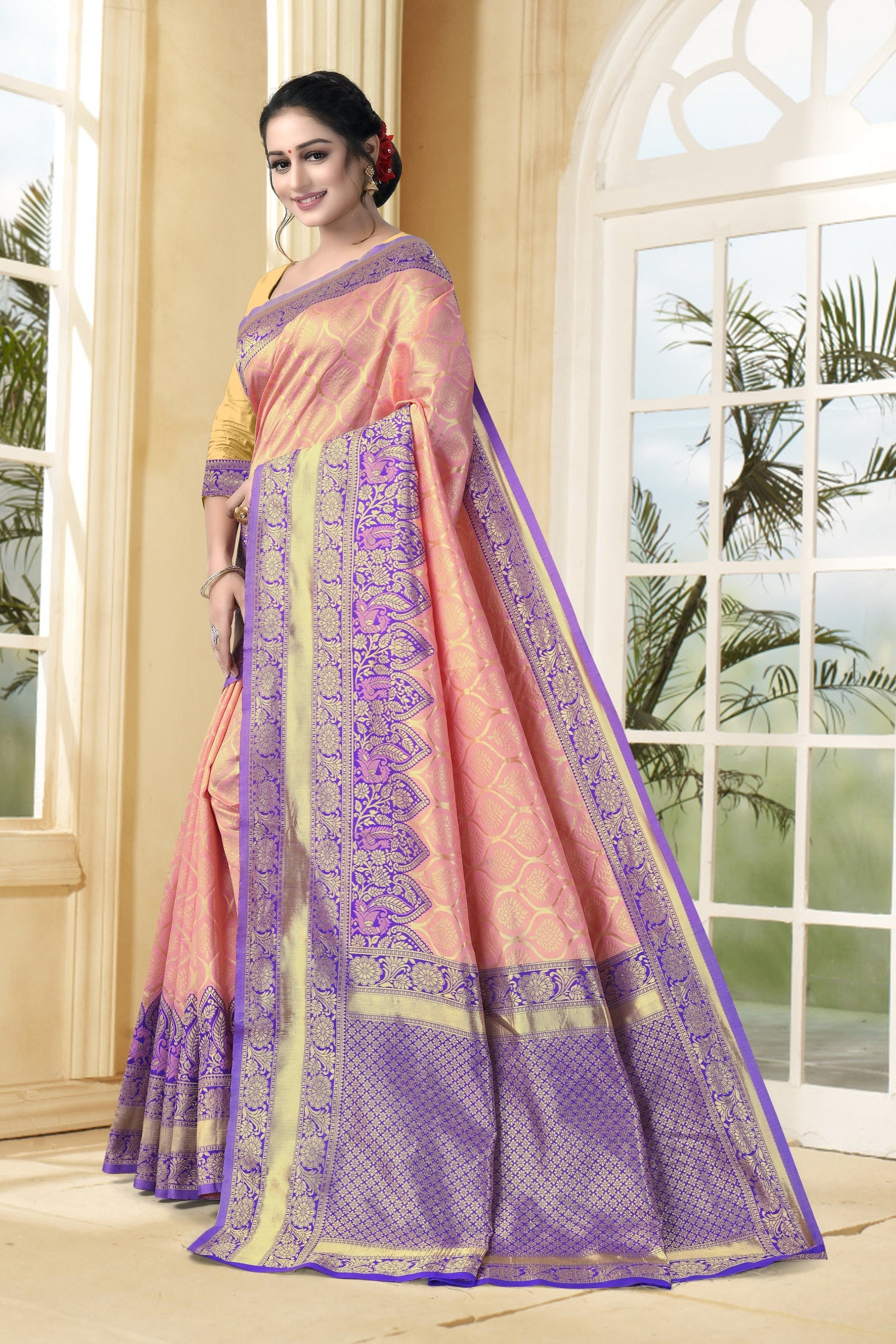 Vedant Vastram Litchi Silk Designer Banarasi Saree - Peach | Swadesiicart