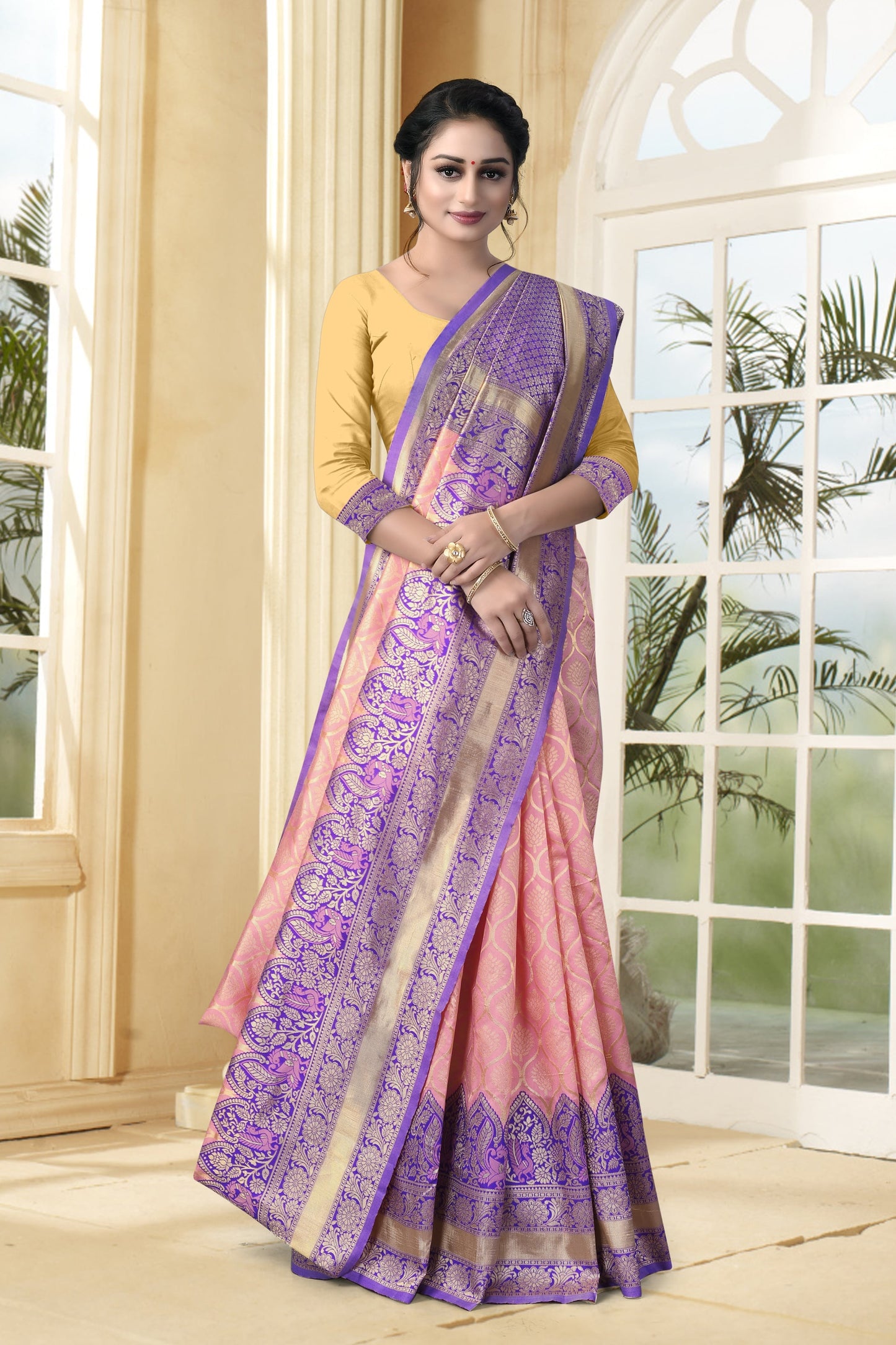 Vedant Vastram Litchi Silk Designer Banarasi Saree - Peach | Swadesiicart