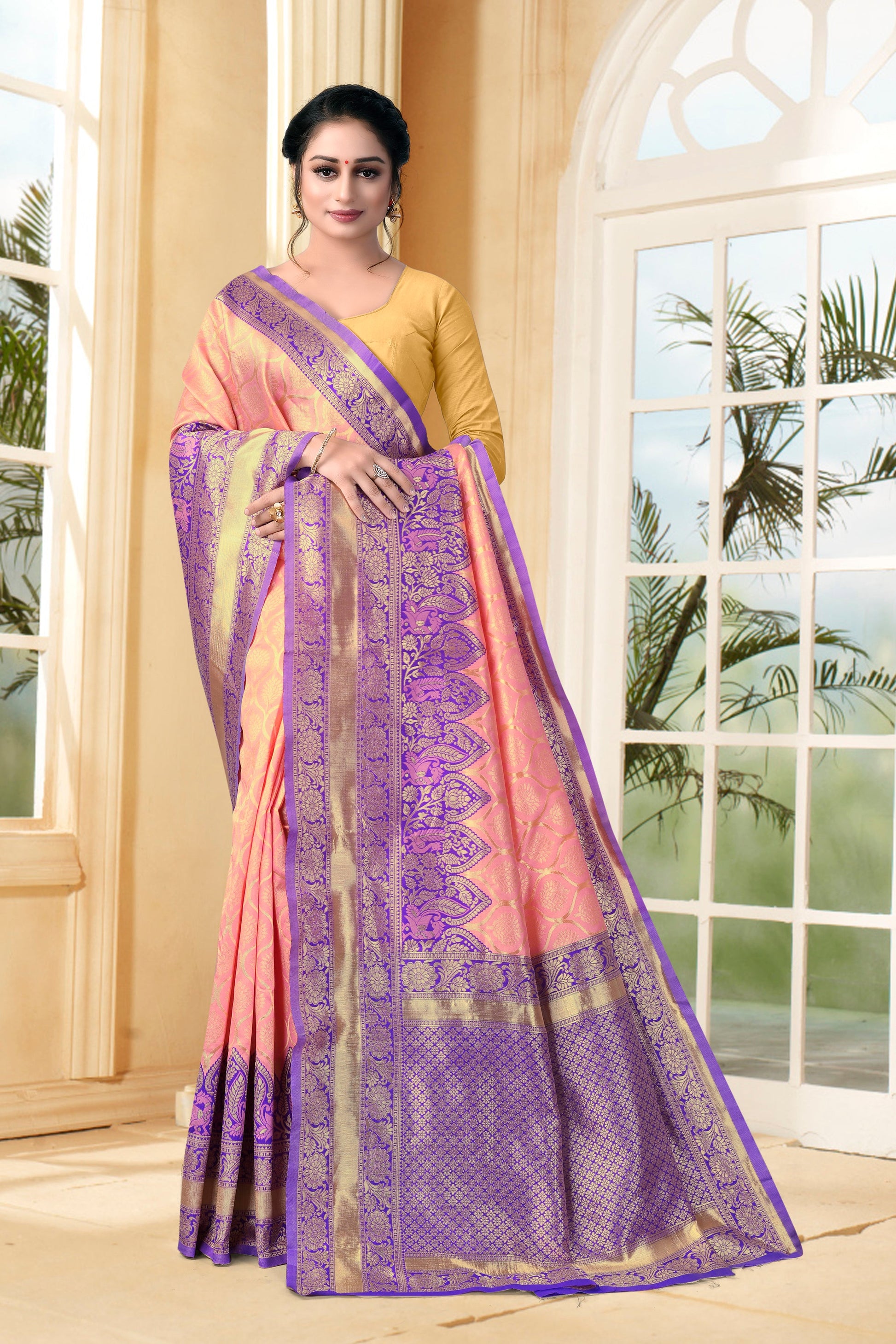 Vedant Vastram Litchi Silk Designer Banarasi Saree - Peach | Swadesiicart