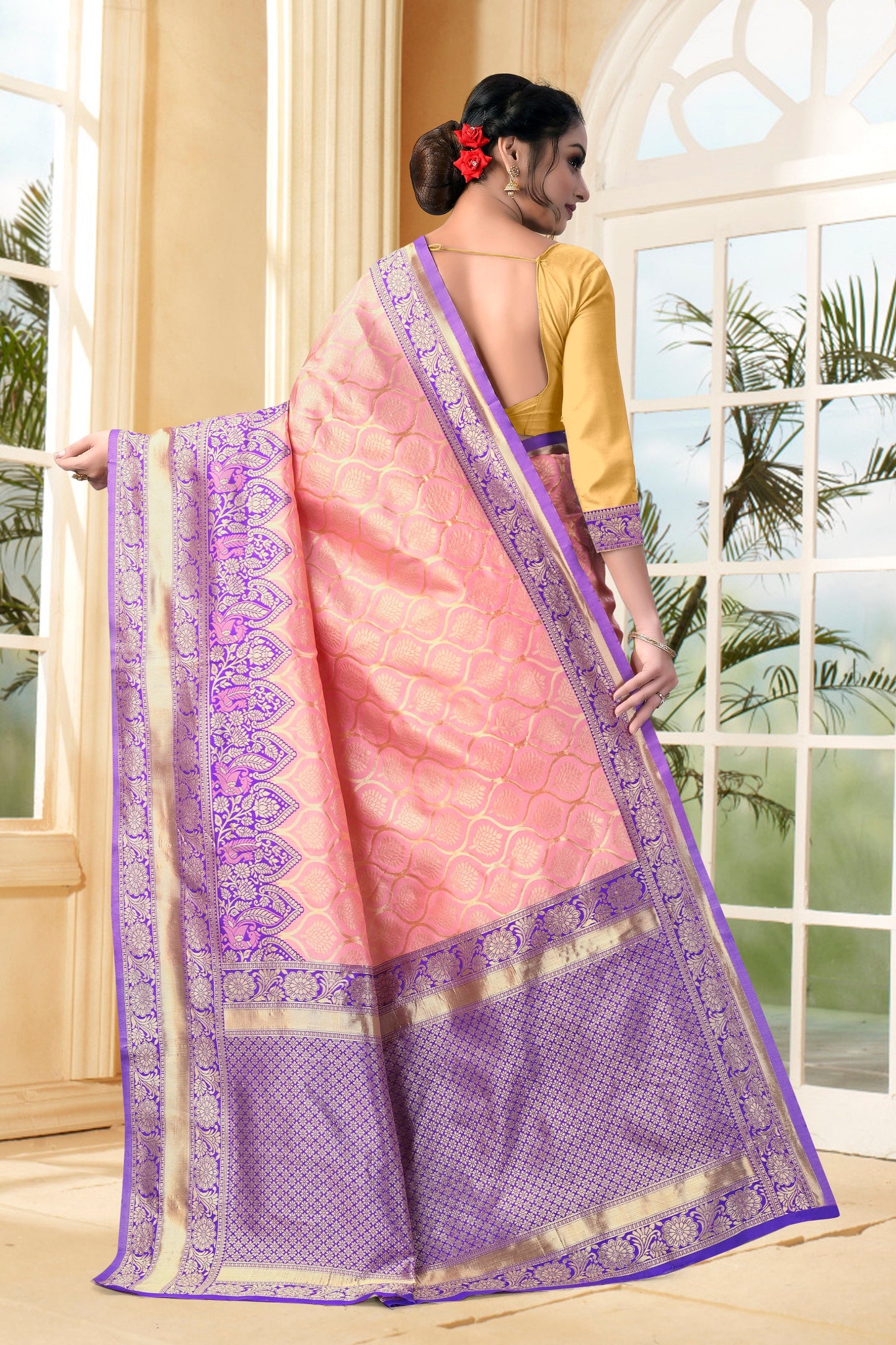 Vedant Vastram Litchi Silk Designer Banarasi Saree - Peach | Swadesiicart
