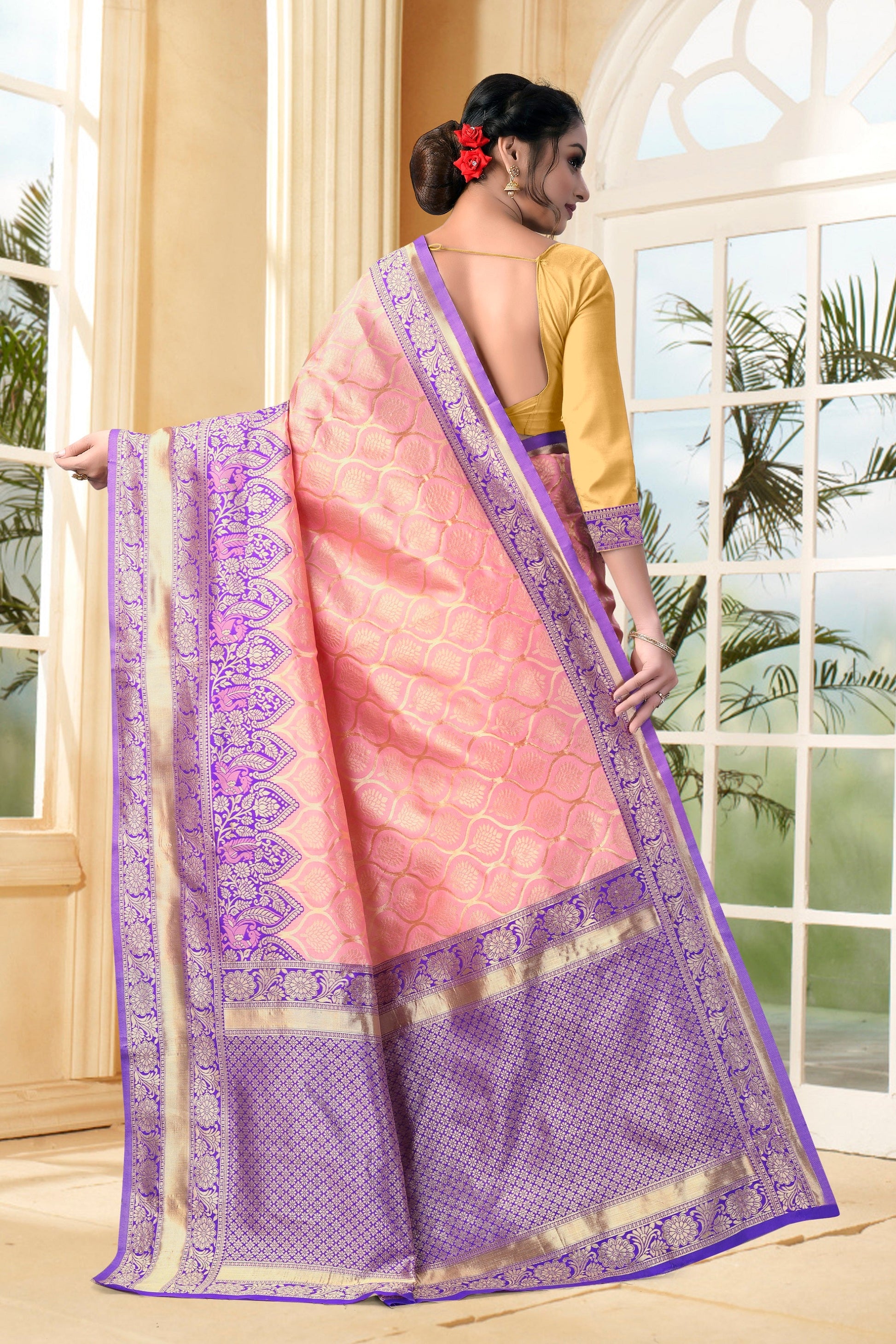 Vedant Vastram Litchi Silk Designer Banarasi Saree - Peach | Swadesiicart