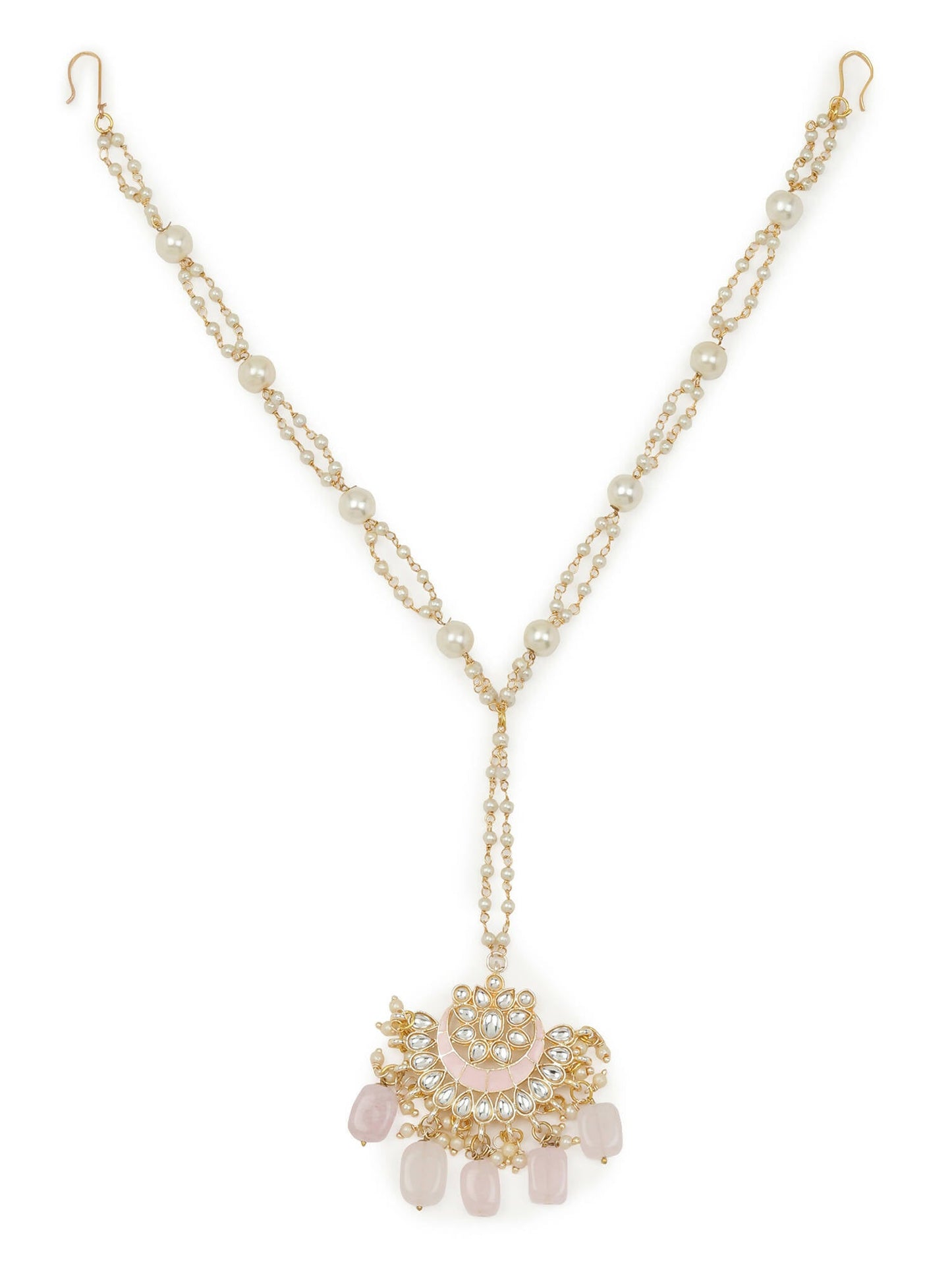 Gold-Polished White Kundan-Studded Pearl Beaded Matha Patti - Ruby Raang | Swadesiicart