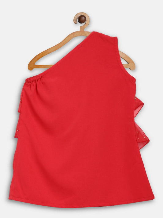Ahalyaa Red Georgette Ruffel Kids Top With Bottom For Girls | Swadesiicart
