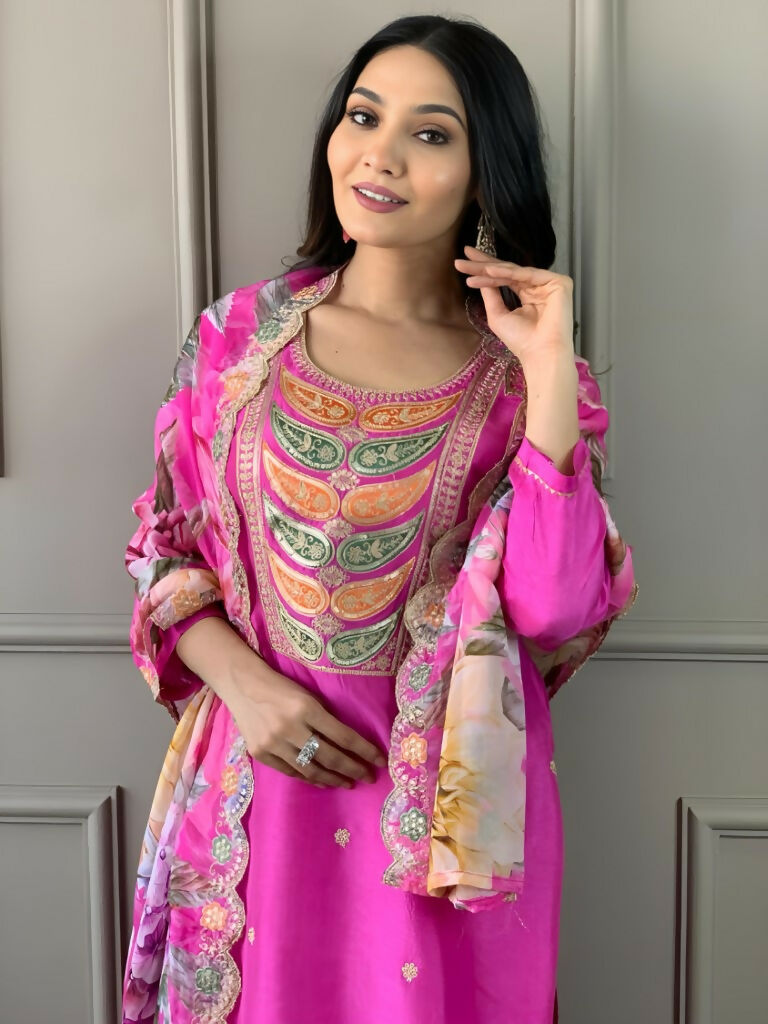 Partywear Designer Viscose Chanderi Pink Stitched Suit With Dupatta - Tanisha | Swadesiicart