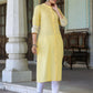 Juniper Women's Yellow Cotton Slub Embroidered Straight Kurta | Swadesiicart