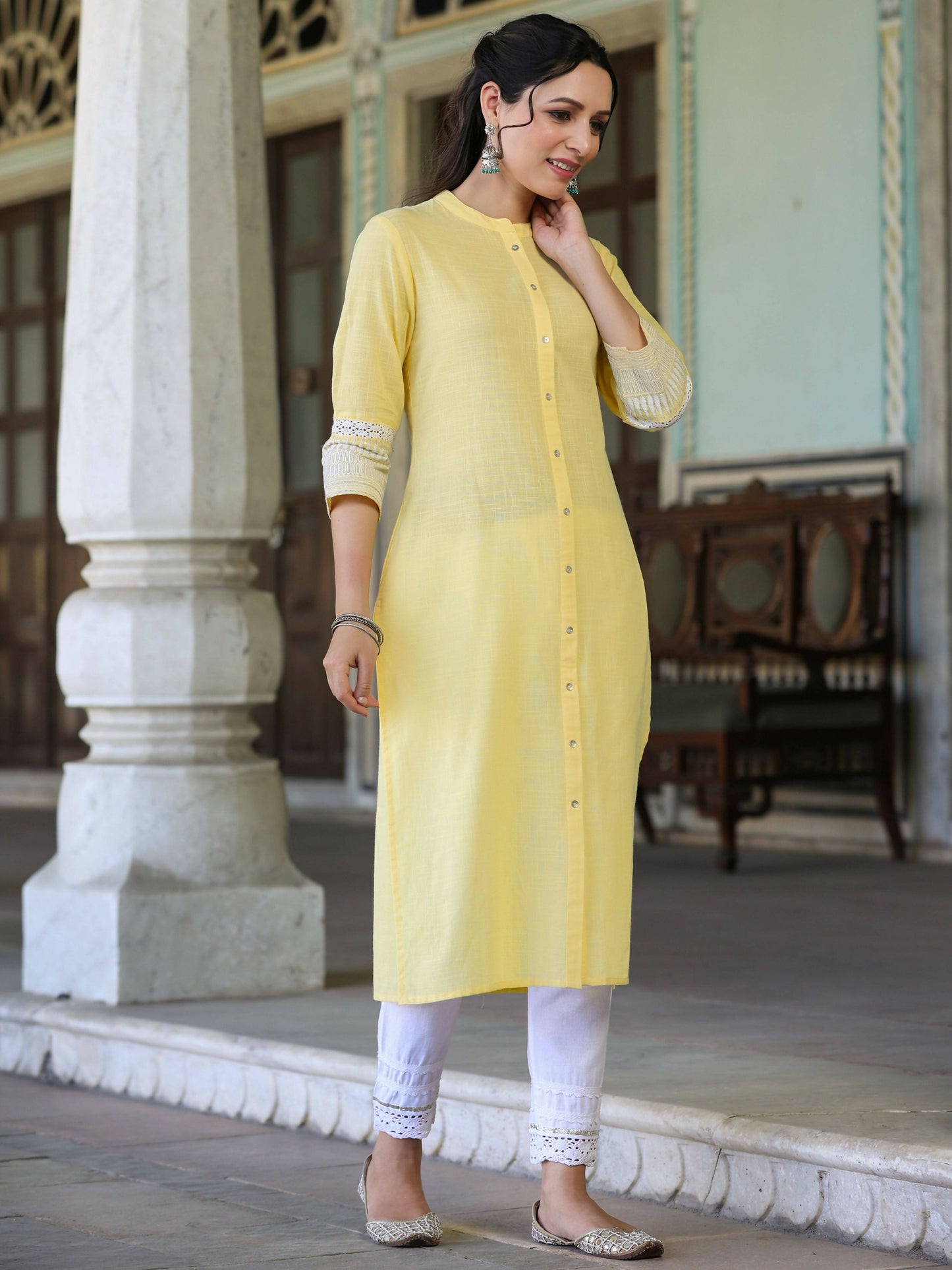 Juniper Women's Yellow Cotton Slub Embroidered Straight Kurta | Swadesiicart