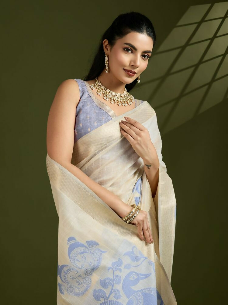 Vishnu Weaves Women's Blue Muga Cotton Thread Woven Saree with Blouse - Swadesiicart