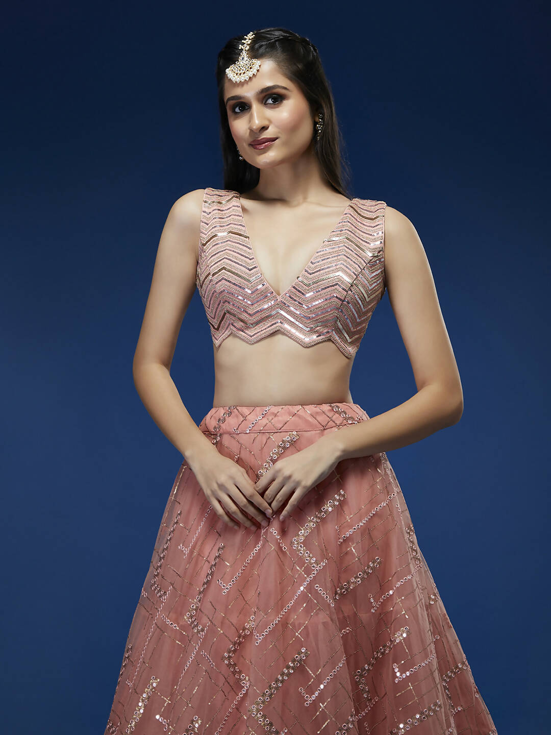 House of Panchhi Peach Net Sequinse Embroidered Lehenga & Blouse with Dupatta | Swadesiicart