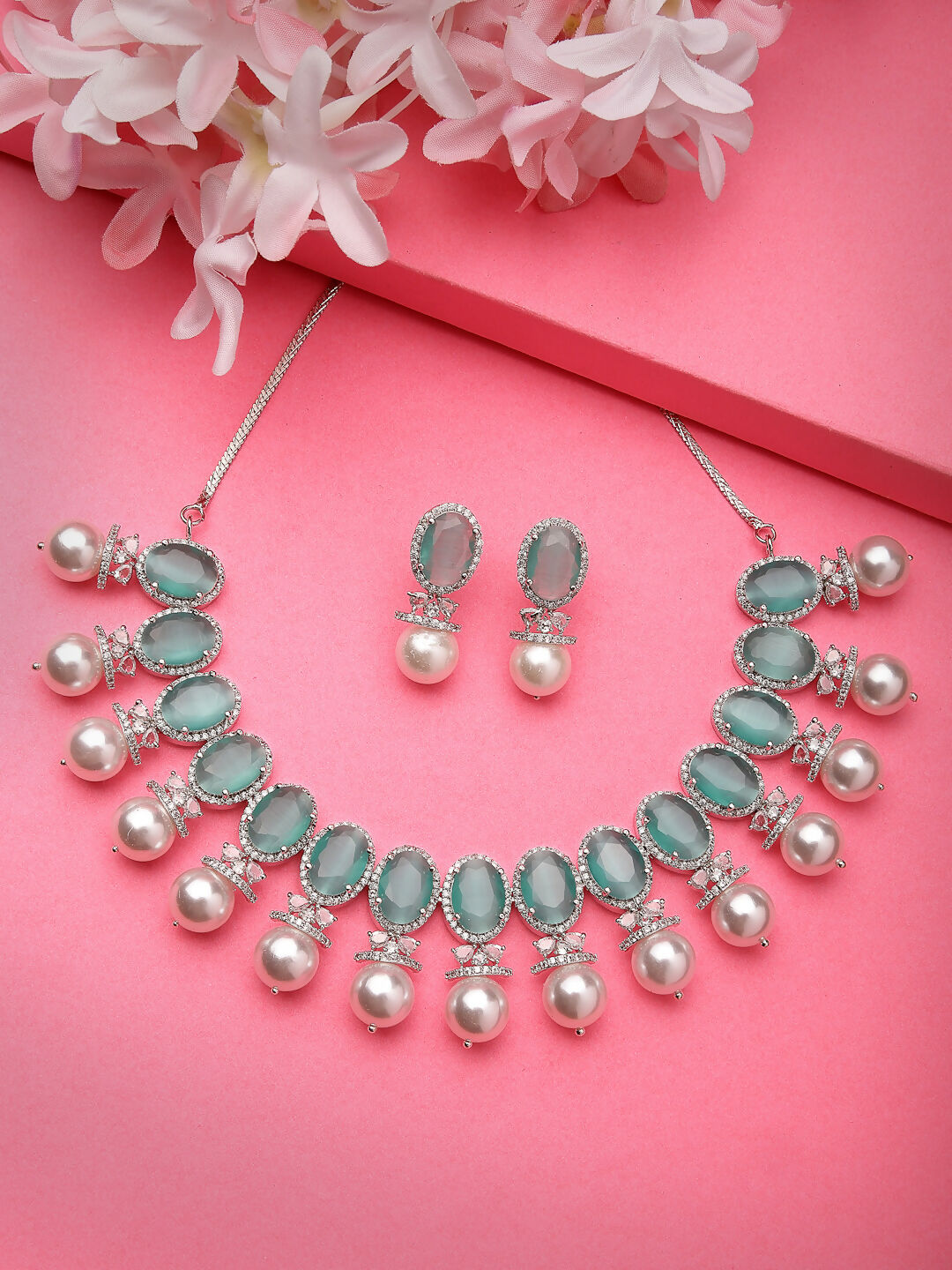 NVR Women's Silver-Plated Green American Diamond Studded Handcrafted Jewellery Set - Swadesiicart