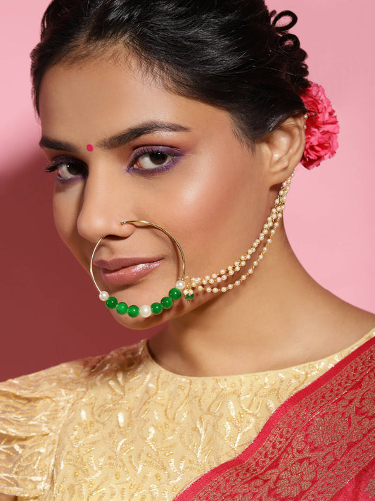 Gold-Polished White Green Stone-Studded Pearl Beaded Nosepin - Ruby Raang | Swadesiicart