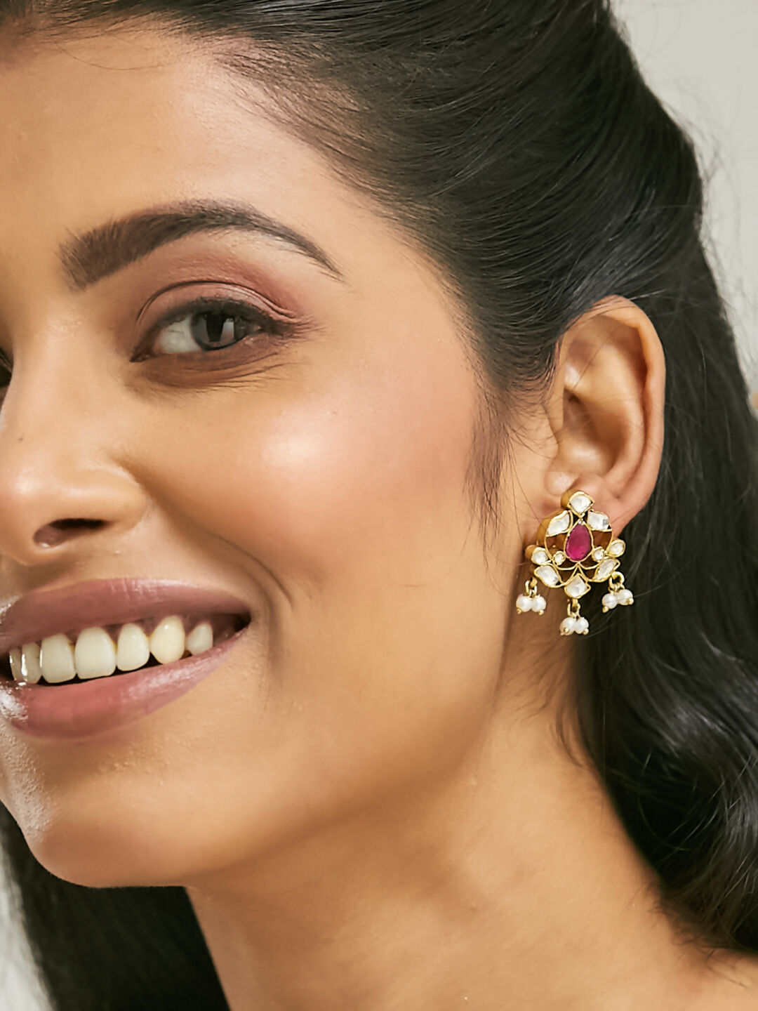 Nuyug 22K Gold-Plated Elegant Kundan & Ruby Stone Studded & Beaded Studs | Swadesiicart