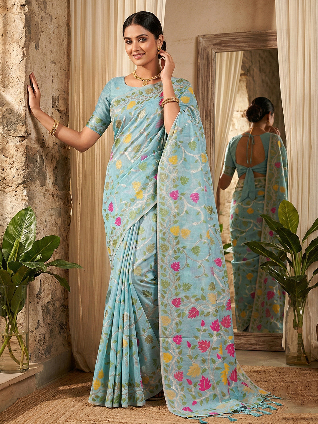 Anaita Sky Blue Linen Woven Work Saree With Blouse