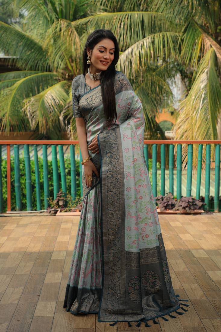 Anaita Sky Blue Woven Design Pure Kanjivaram Soft Satin Silk Saree With Blouse