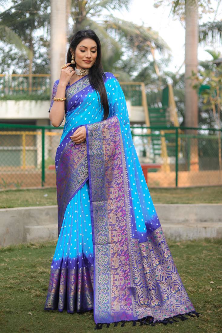 Anaita Sky Blue Woven Design Pure Bandhej Kanjivaram Soft Silk Saree