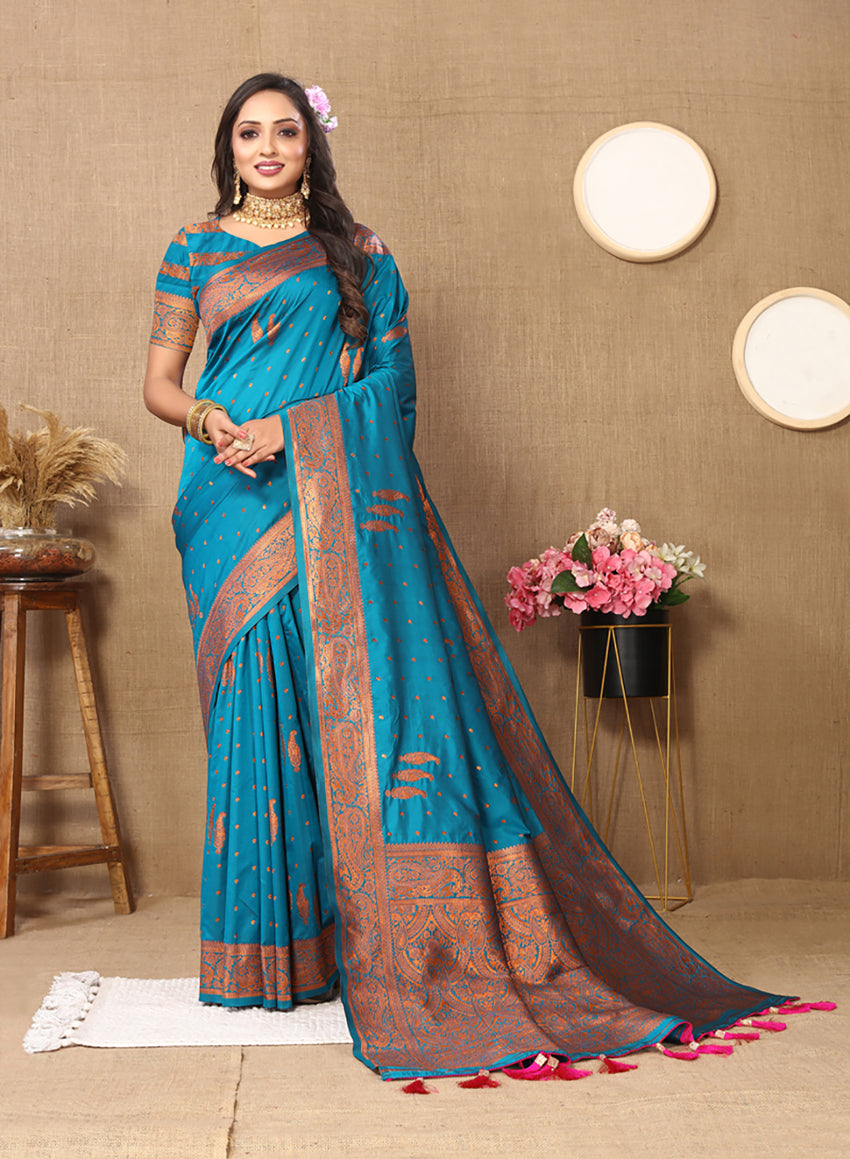 Lorenvalley Fashion Skyblue Soft Silk Copper Zari weaving Design Saree - Swadesiicart