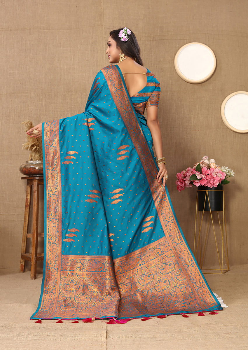 Lorenvalley Fashion Skyblue Soft Silk Copper Zari weaving Design Saree - Swadesiicart