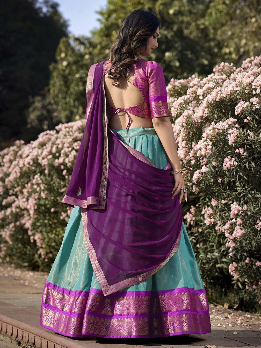 Lorenvalley Skyblue Kanchipuram Zari Weaving Work Lehenga Choli with Dupatta | Swadesiicart
