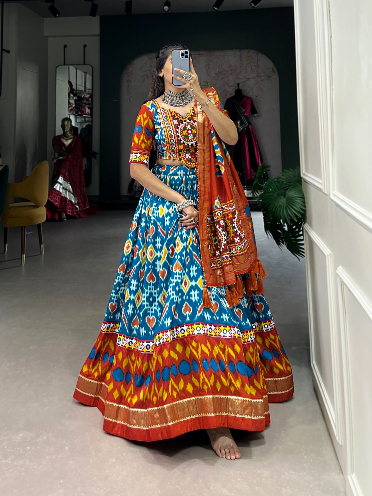 Lorenvalley Skyblue Tussar Silk Patola Print With Foil Work And Original Mirror Gamthi Lace Lehenga Choli with Dupatta | Swadesiicart